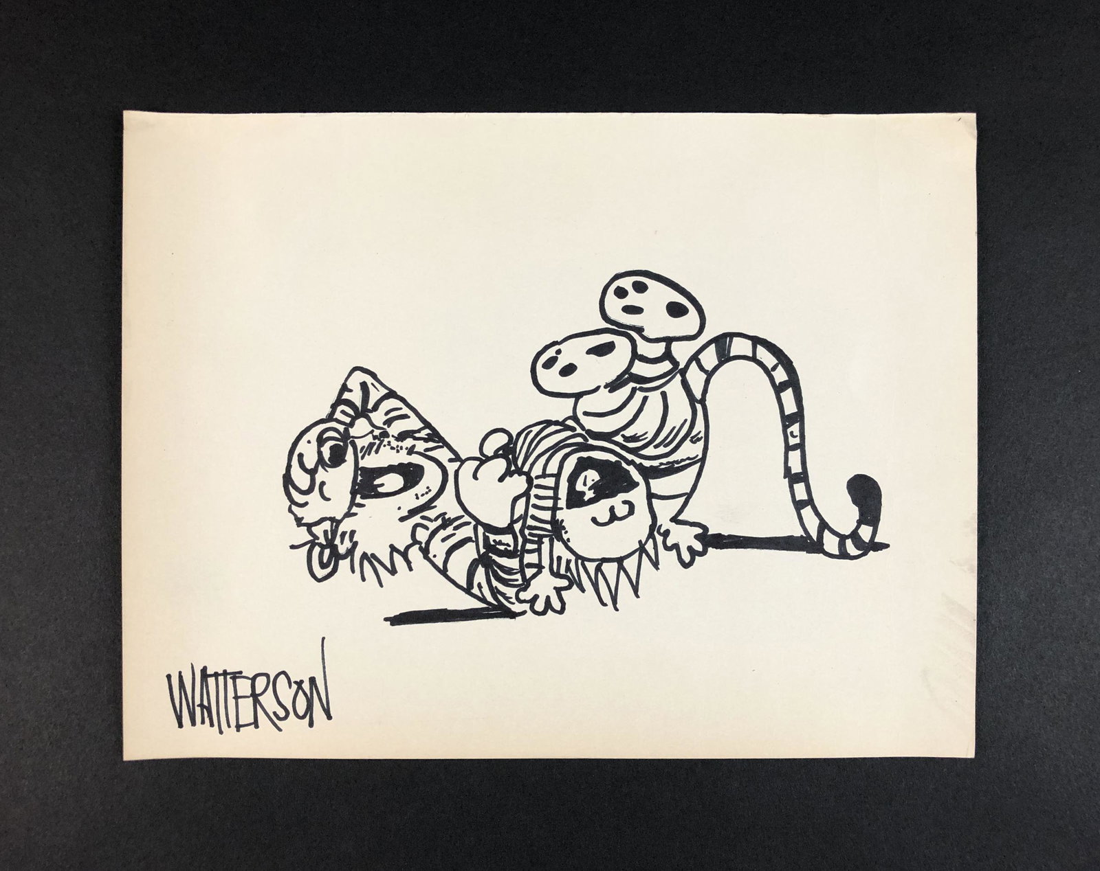 Bill Watterson (American, 1958 - ) - Ink on Paper: This lot consists of an ink illustration on paper, done in the distinctive cartoon style of Bill Watterson (American, 1958 - ). Handwritten ink inscription at bottom right reads, "Watterson". This cha