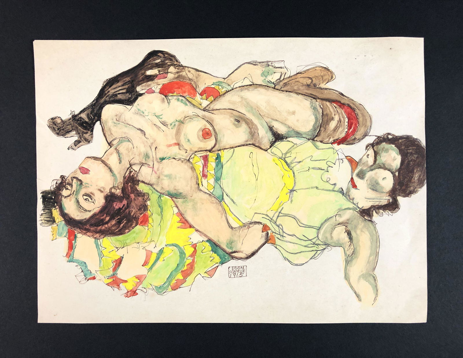 Egon Schiele (Austrian, 1890-1918) - Mixed Media on: This lot consists of an unframed ink and watercolor illustration on sheet music paper, done in the sensual, Art Nouveau style of Egon Schiele (Austrian, 1890-1918). "Egon Schiele 1915" is inscribed at