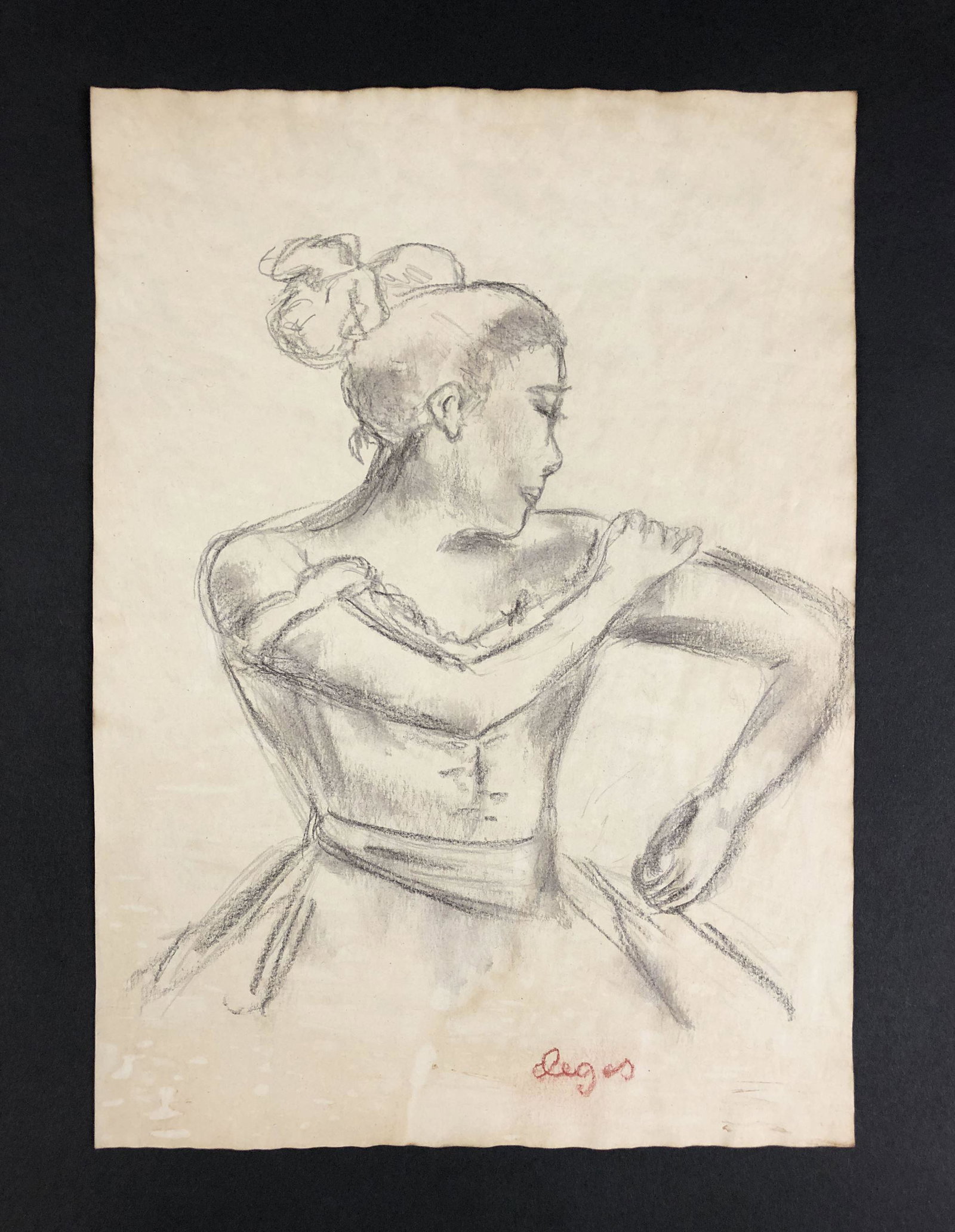 Edgar Degas (French, 1834-1917) - Charcoal on Paper: This lot consists of a charcoal illustration on paper, done in the impressionist style of Edgar Degas (French, 1834-1917). "Degas" is hand written at bottom right. Image depicts a ballet dancer during