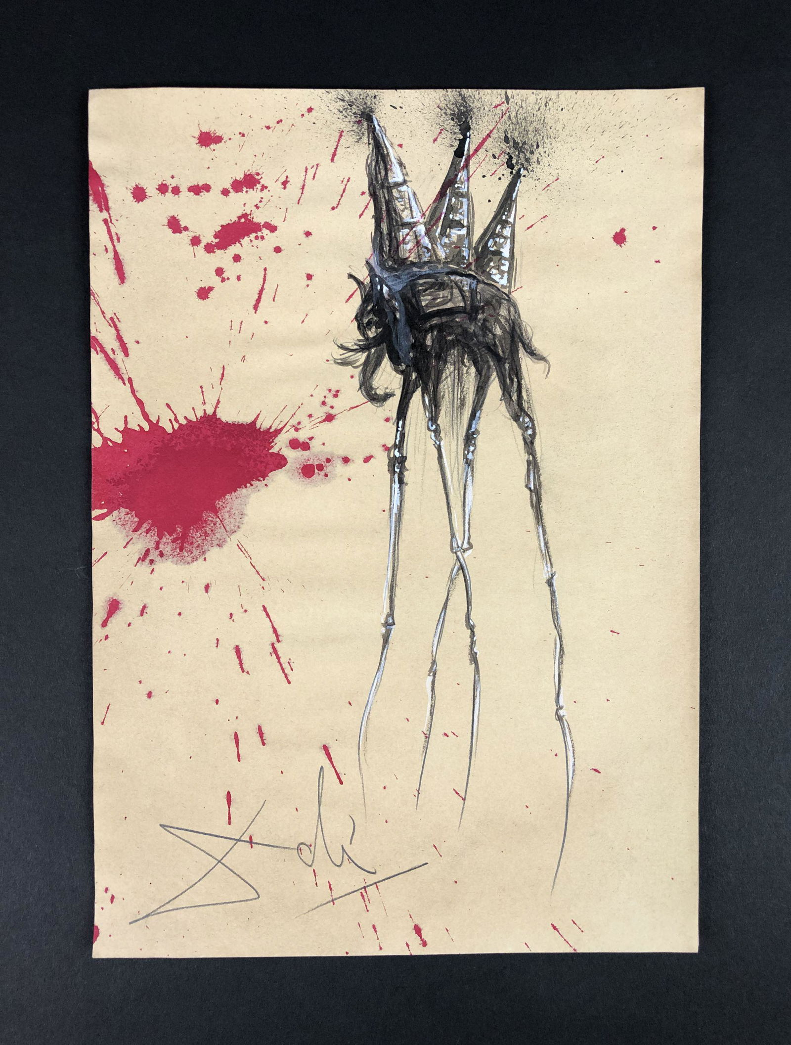 Salvador Dali (Spanish, 1904-1989) - Mixed Media: This lot consists of a graphite and watercolor illustration on paper, done in the surrealist style of Salvador Dali (Spanish, 1904-1989). This stark image depicts a fantastical creature loping across