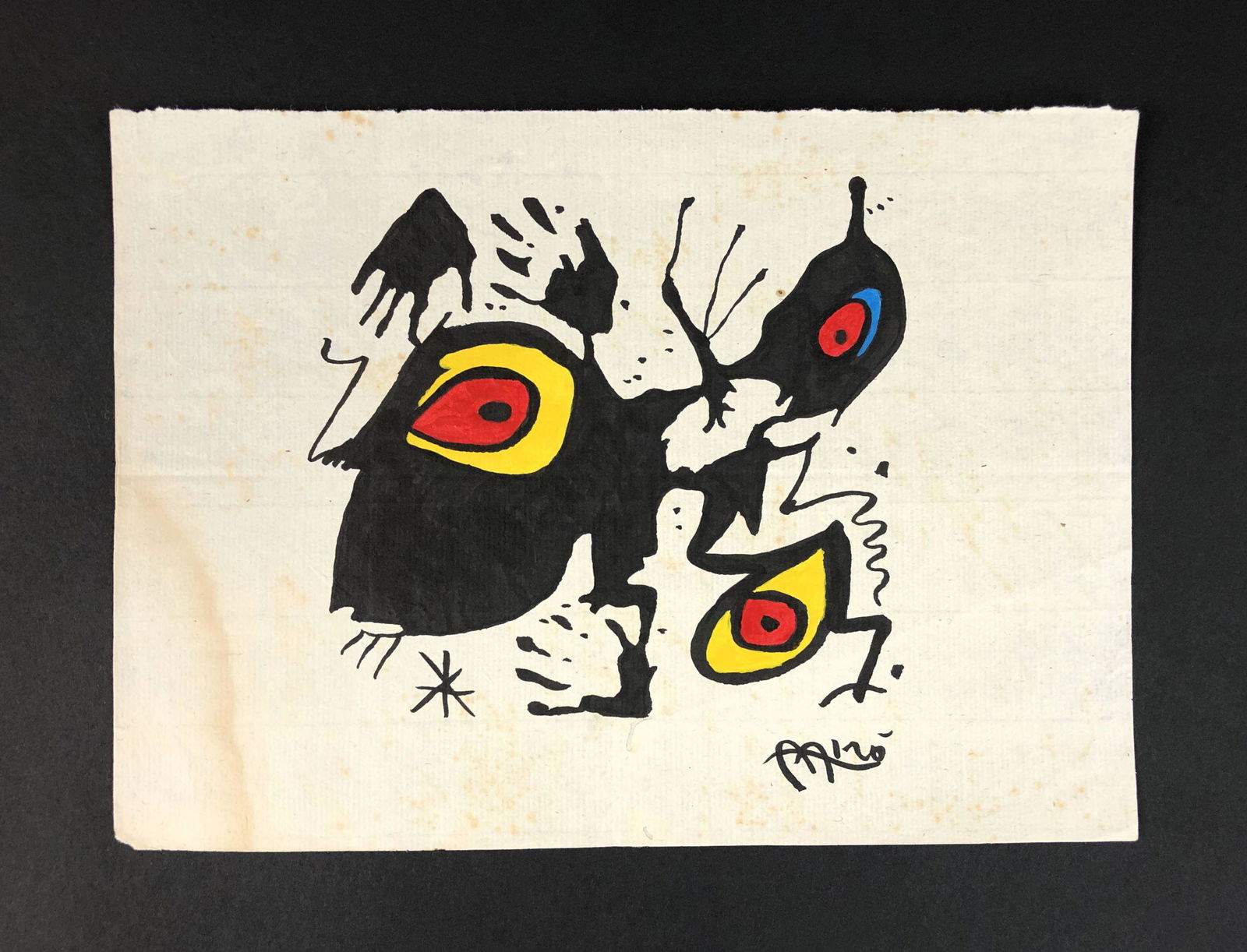Joan Miro (Spanish, 1893-1983) - Mixed Media on Paper: This lot consists of an unframed ink and gouache illustration on laid paper, done in the modern abstract style of Joan Miro (Spanish, 1893-1983). Hand inscription at bottom right reads, "Miro". This a