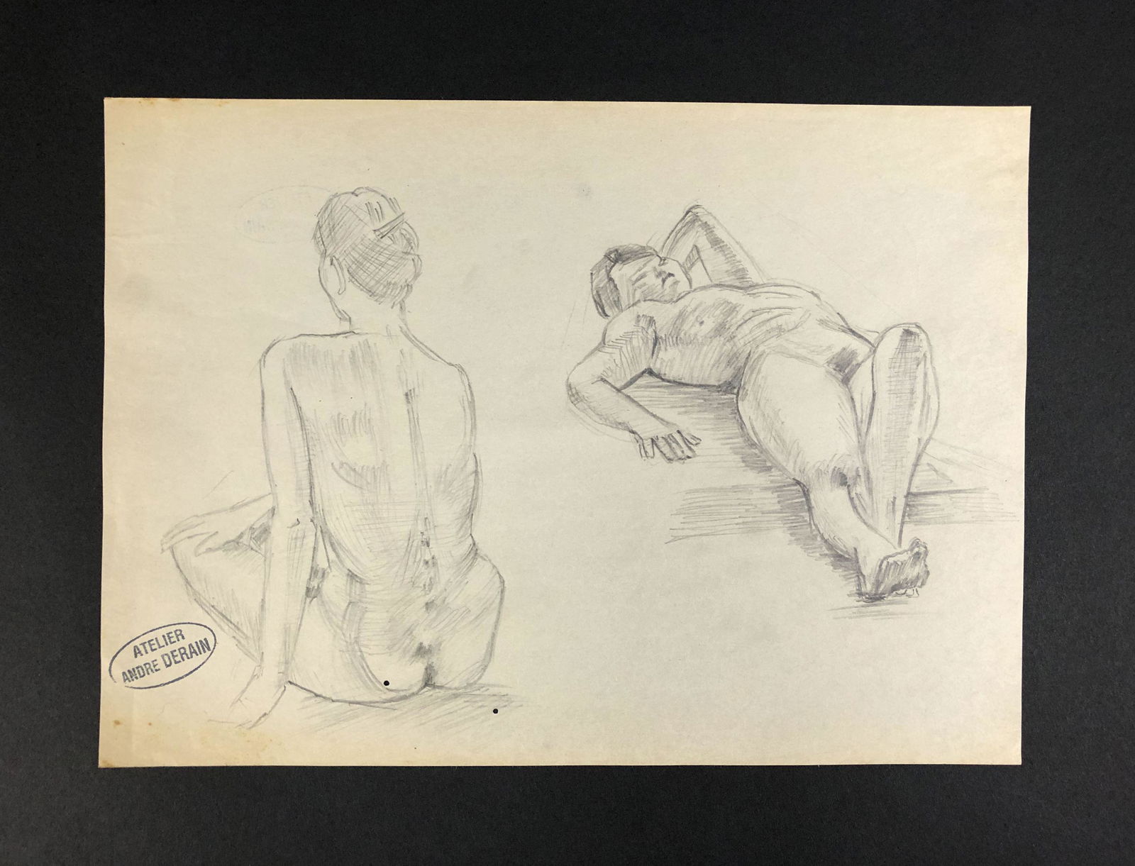 Andre Derain (French, 1880-1954) - Graphite on Paper: This lot consists of a graphite illustration on paper, done in the Neoclassicist style of Andre Derain (French, 1880-1954). Image depicts two study sketches of a nude male; shadows carefully hashed ou