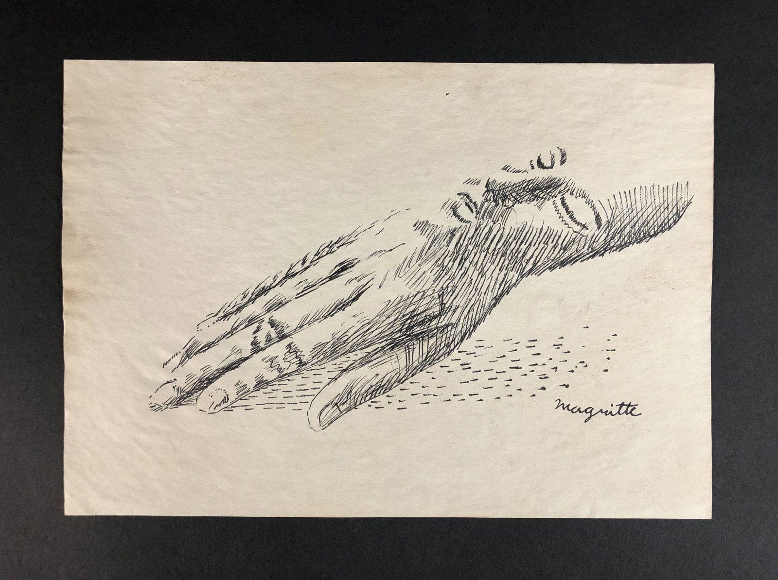 Rene Magritte (Belgian, 1898-1967) - Ink Illustration: This lot consists of an ink illustration on paper, done in the Surrealist style of Rene Magritte (Belgian, 1898-1967). Image depicts an elegant, outstretched hand with a sleeping face on its back. A r