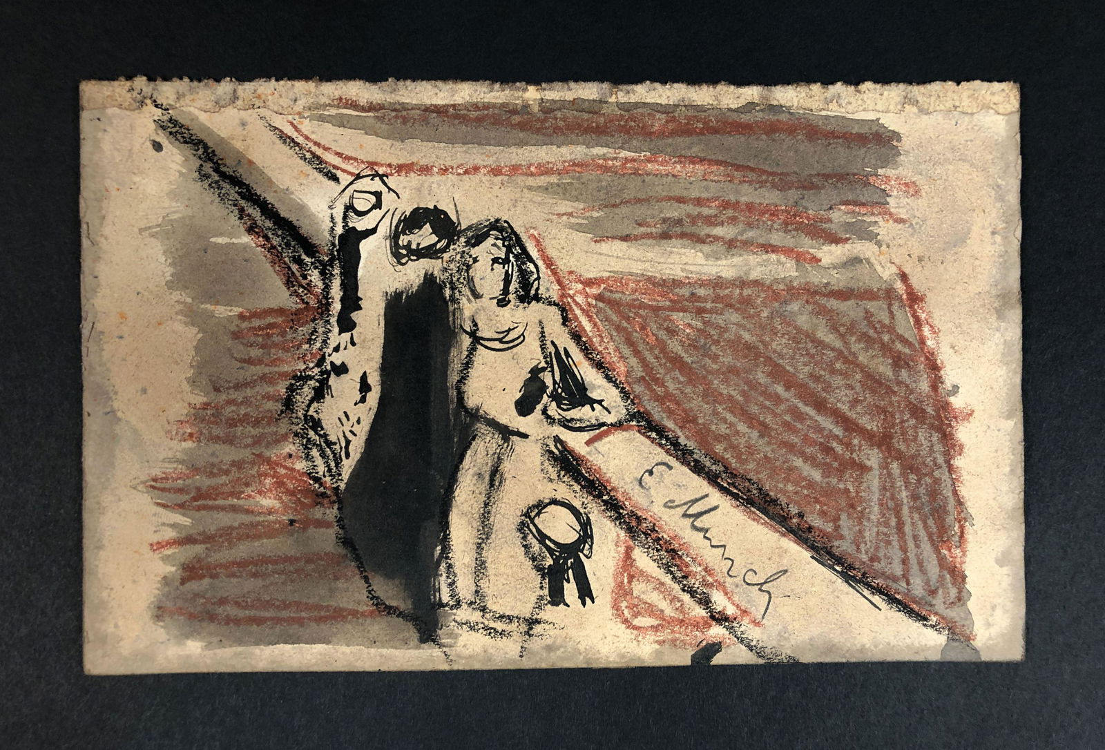 Edvard Munch (Norwegian, 1863-1944) - Mixed Media on: This lot consists of an ink and pastel illustration on paper, done in the haunting Expressionist style of Edvard Munch (Norwegian, 1863-1944). A graphite inscription at lower right corner reads, "E. M