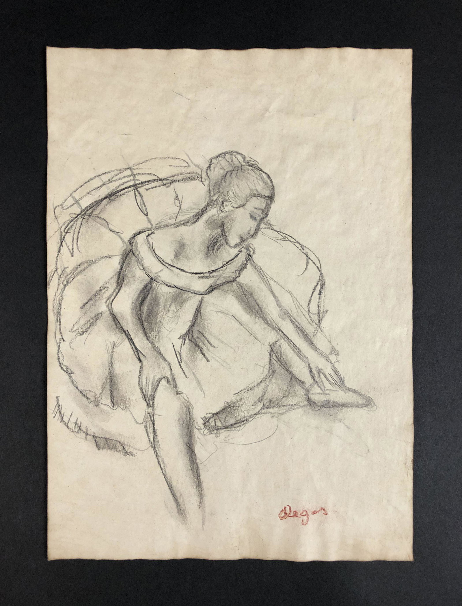 Edgar Degas (French, 1834-1917) - Charcoal on Paper: This lot consists of a charcoal illustration on paper, done in the impressionist style of Edgar Degas (French, 1834-1917). "Degas" is hand written at bottom right. Image depicts a ballet dancer stretc