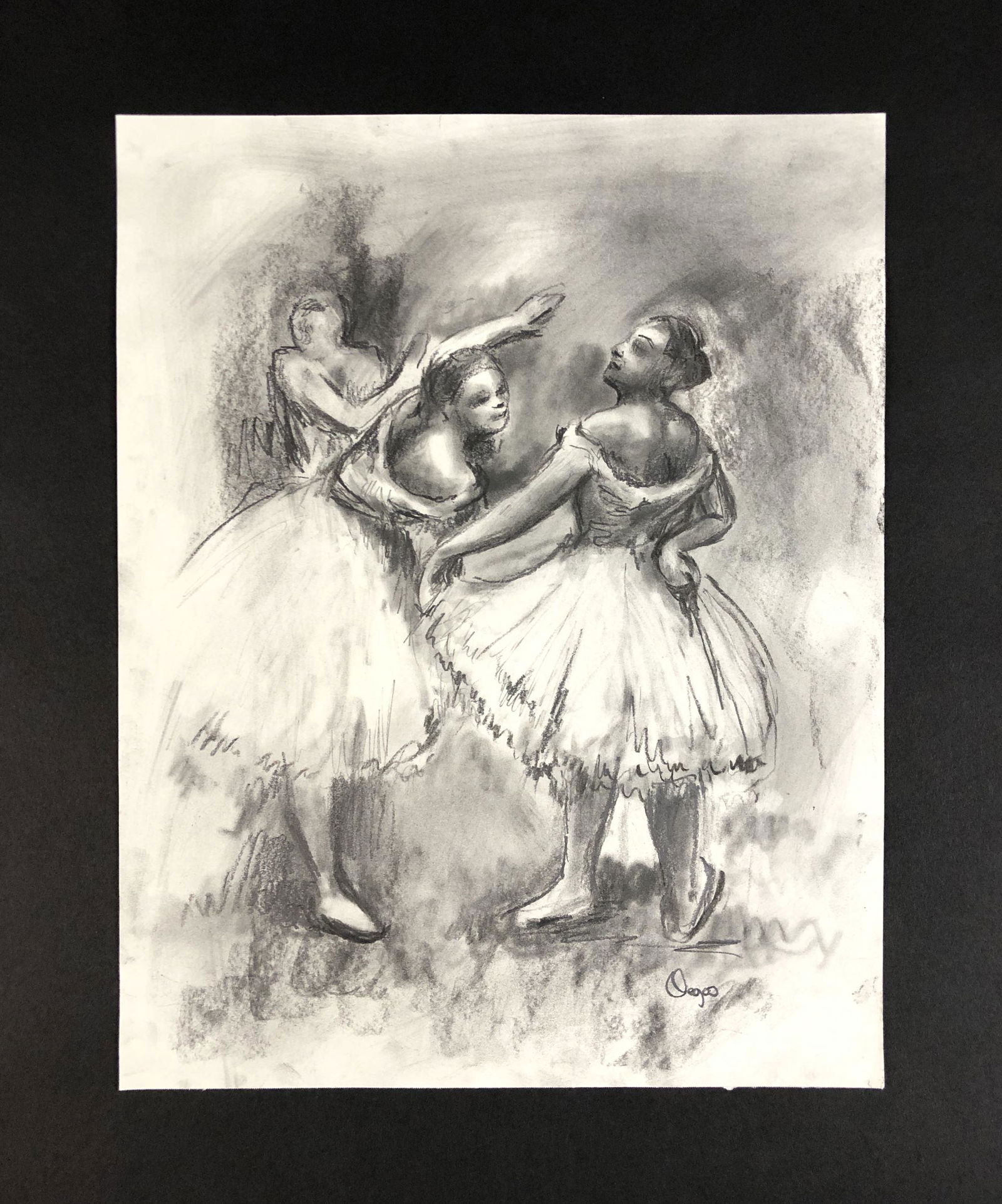 Edgar Degas (French, 1834-1917) - Charcoal on Paper: This lot consists of a charcoal illustration on paper, done in the impressionist style of Edgar Degas (French, 1834-1917). "Degas" is hand written at bottom right. Image depicts several ballet dancers