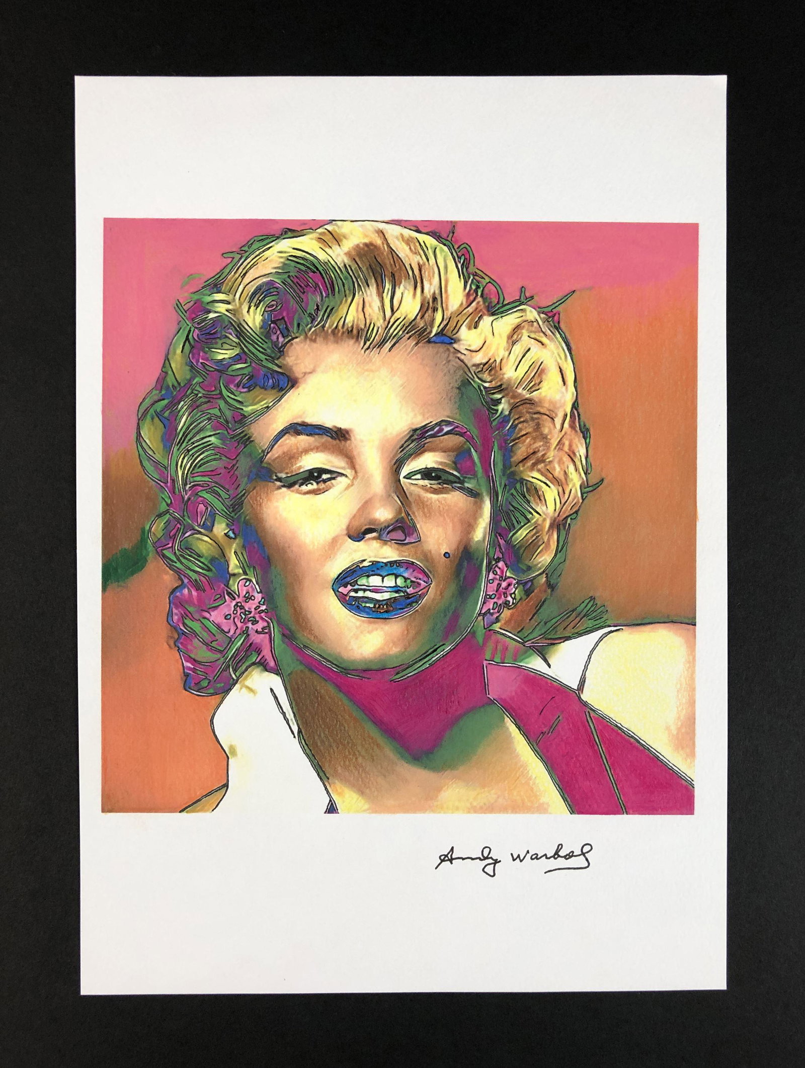 Andy Warhol (American, 1928-1987) - Mixed Media: This lot consists of an ink and watercolor illustration on paper, done in the Pop Art style of Andy Warhol (American, 1928-1987). "Andy Warhol" is inscribed in ink at bottom right. This modern art ima