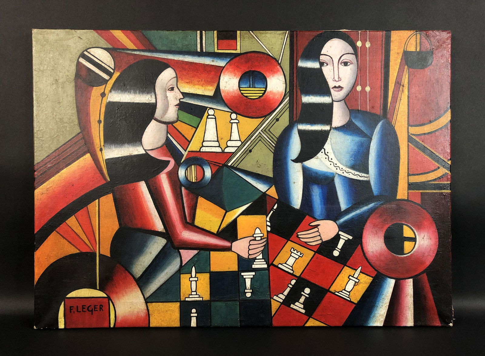 Fernand Leger (French, 1881-1955) - Oil Painting: This lot consists of an unframed oil painting on canvas, done in the bold, Naive Art style of modern artist Fernand Leger (French, 1881-1955). "F. Leger" is inscribed by hand at bottom left. Geometric