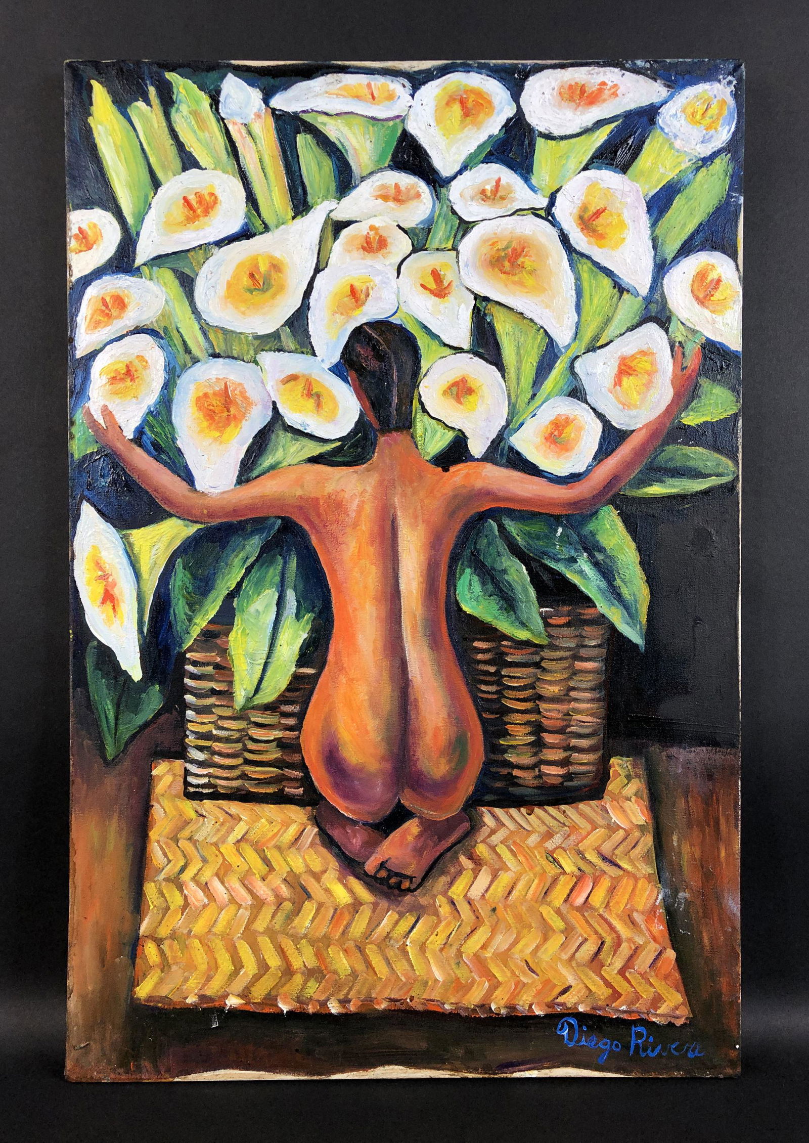 Diego Rivera (Mexican,1886-1957) - Oil on Canvas: This lot consists of an oil painting on canvas, done in the richly modern style of Diego Rivera (Mexican,1886 -1957). Hand inscription at bottom right reads, "Diego Rivera". Image depicts a female fig