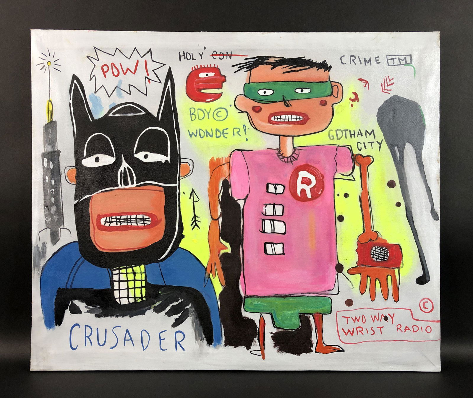 Jean-Michel Basquiat (American, 1960-1988) - Acrylic on: This lot consists of an unframed acrylic painting on canvas, done in the graffiti art style of artist Jean-Michel Basquiat (American, 1960-1988). Hand written inscription en verso reads, "Basquiat" an