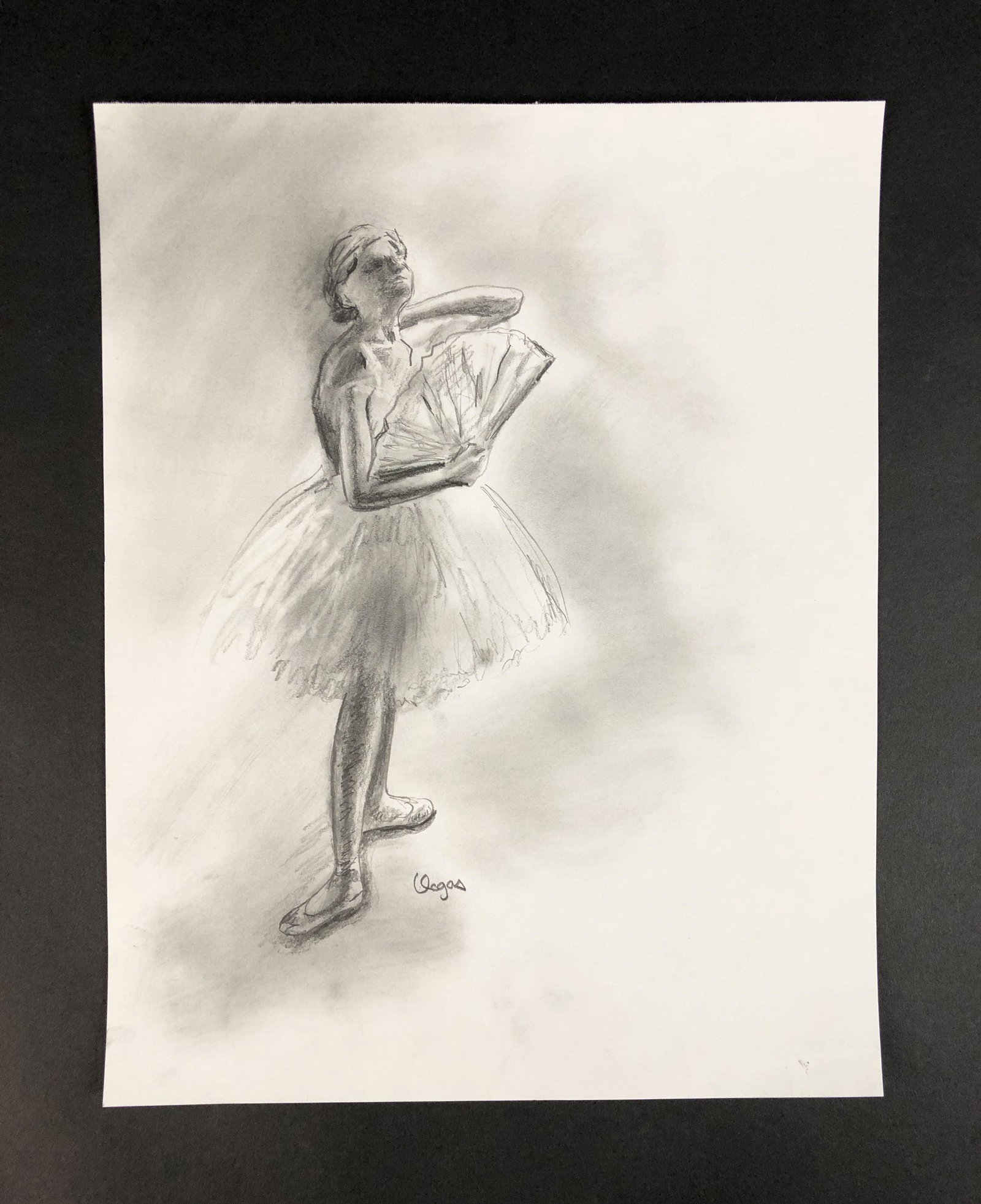 Edgar Degas (French, 1834-1917) - Charcoal on Paper: This lot consists of a charcoal illustration on paper, done in the impressionist style of Edgar Degas (French, 1834-1917). "Degas" is hand written at bottom. Image depicts a ballet dancer during rehea