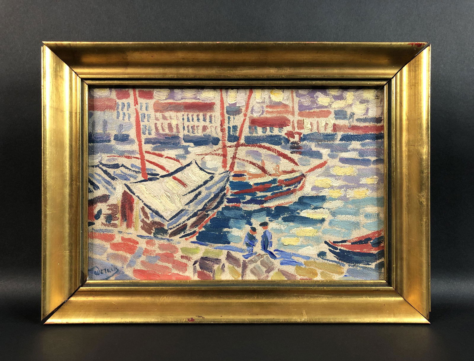 Andre Derain (French, 1880-1954) - Oil on Canvas: This lot consists of a framed oil painting on canvas, done in the vivid Fauvist style of Andre Derain (French, 1880-1954). A hand-painted inscription at lower left corner reads, "Derain". Image depict