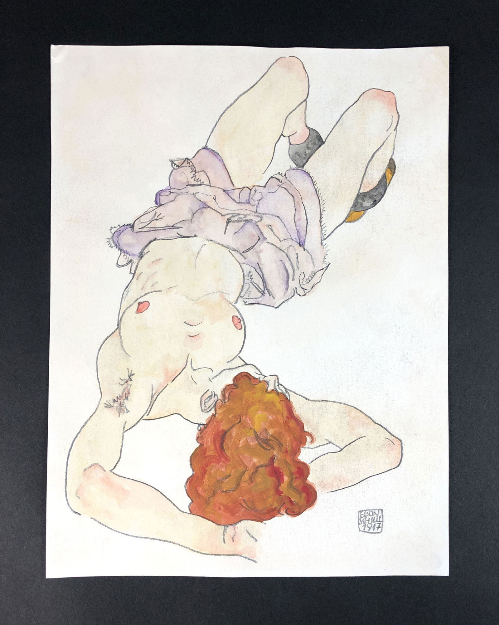 Egon Schiele (Austrian, 1890-1918) - Mixed Media on: This lot consists of an unframed ink and watercolor illustration on paper, done in the sensual, Art Nouveau style of Egon Schiele (Austrian, 1890-1918). "Egon Schiele 1917" is inscribed at bottom righ