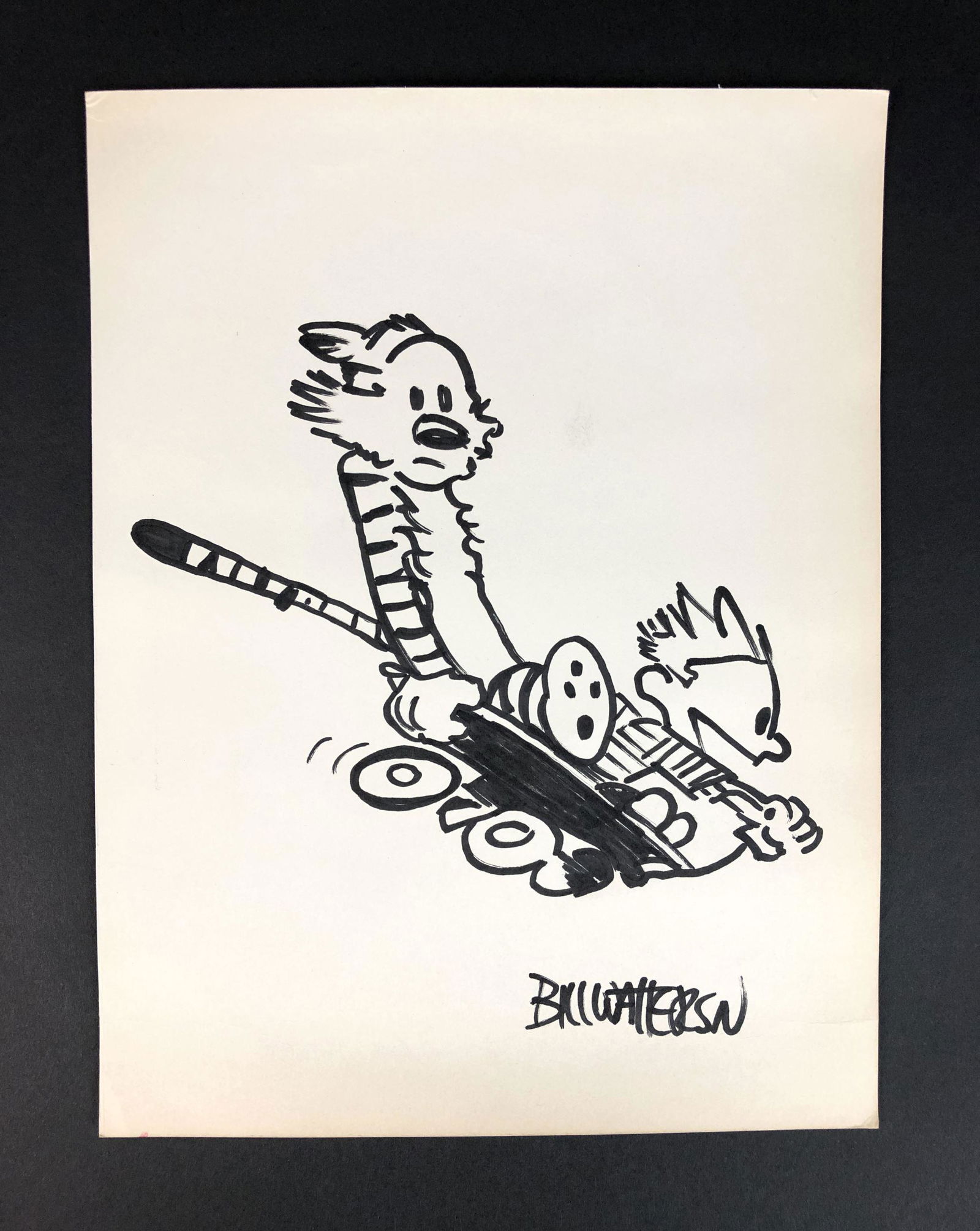 Bill Watterson (American, 1958 - ) - Ink on Paper: This lot consists of an ink illustration on paper, done in the distinctive cartoon style of Bill Watterson (American, 1958 - ). Handwritten ink inscription at bottom right reads, "Watterson". This cha