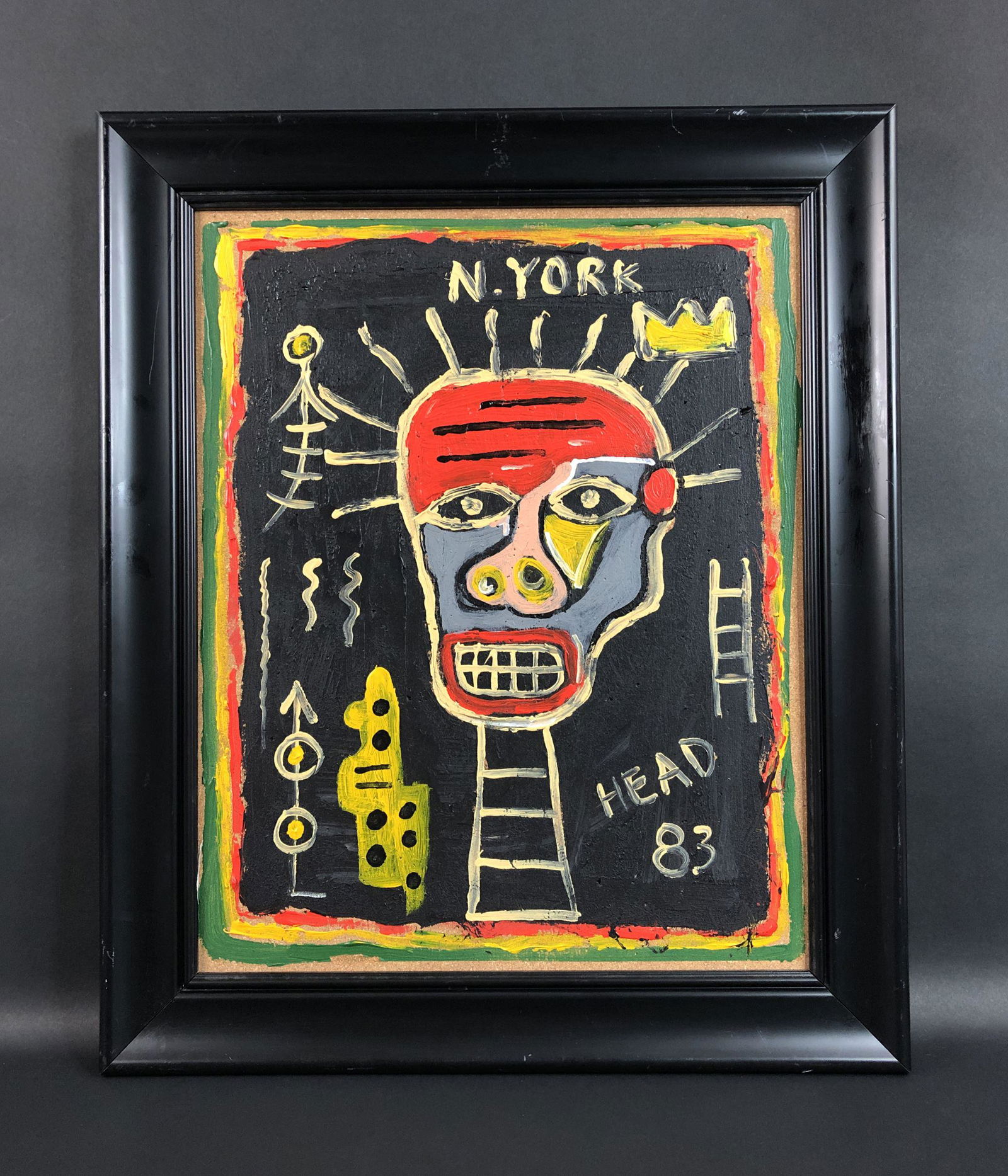 Jean-Michel Basquiat (American, 1960-1988) - Acrylic on: This lot consists of a framed acrylic painting on board, done in the graffiti art style of the modern street artist, Jean-Michel Basquiat (American, 1960-1988). "Basquiat" is handwritten on reverse si