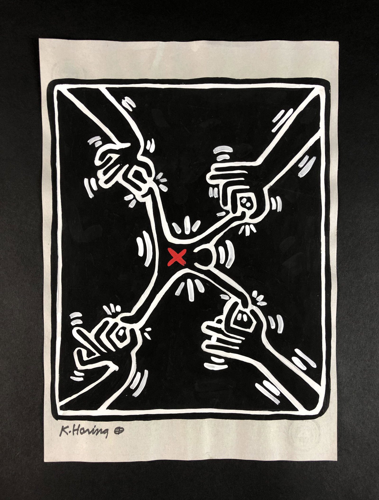 Keith Haring (American, 1958 -1990) - Gouache on Paper: This lot consists of a gouache illustration on paper. This simple yet powerful linear depiction is executed in the contemporary, street art style of Keith Haring (American, 1958-1990). Image depicts a