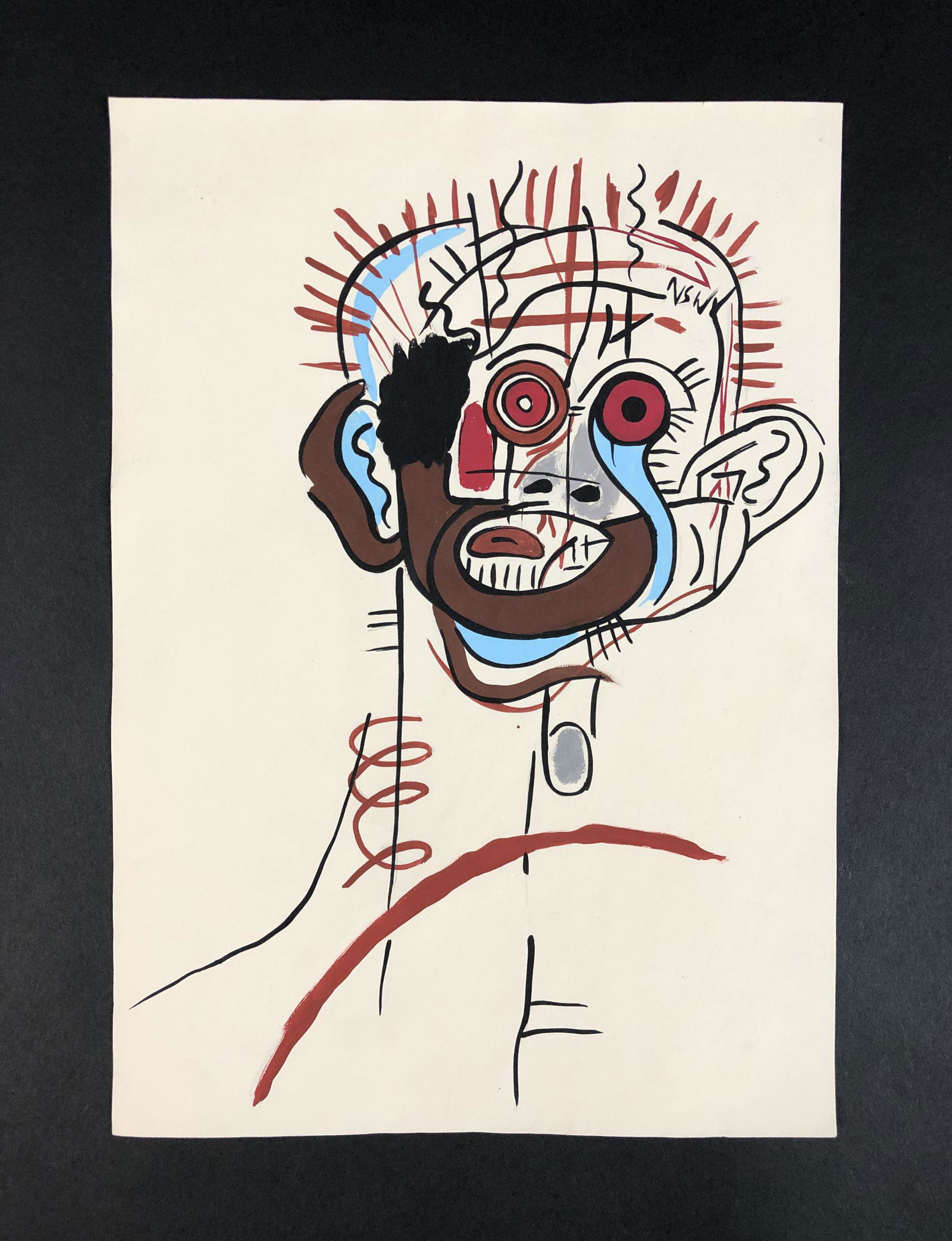 Jean Michel Basquiat (American, 1960-1988) - Gouache on: This lot consists of a gouache illustration on paper, done in the pop art style of street artist Jean-Michel Basquiat (American, 1960-1988). Image depicts a skeletal black figure with a blank grimace
