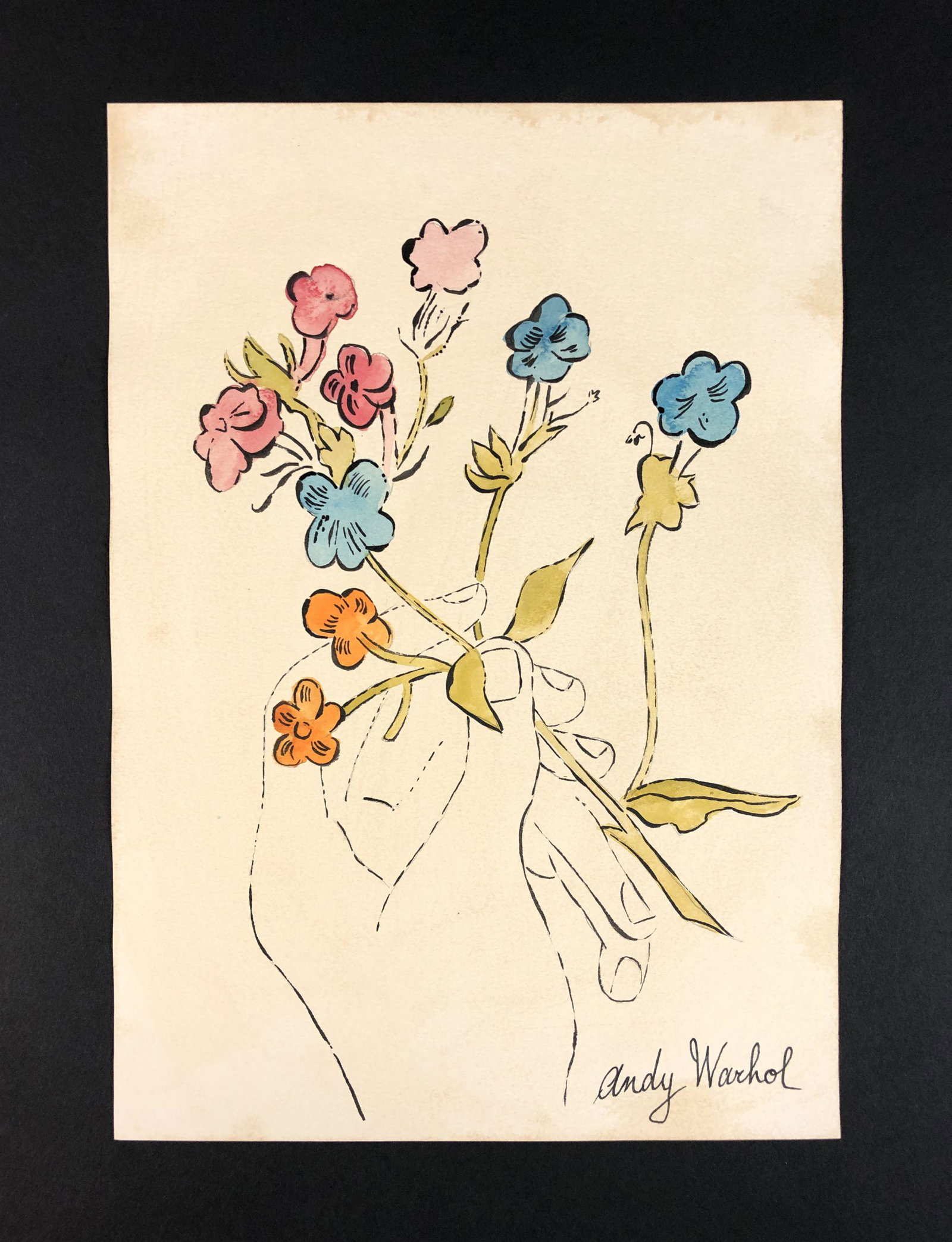 Andy Warhol (American, 1928-1987) - Mixed Media: This lot consists of an ink and watercolor illustration on paper, done in the Pop Art style of Andy Warhol (American, 1928-1987). "Andy Warhol" is inscribed in ink at bottom right. This modern art ima