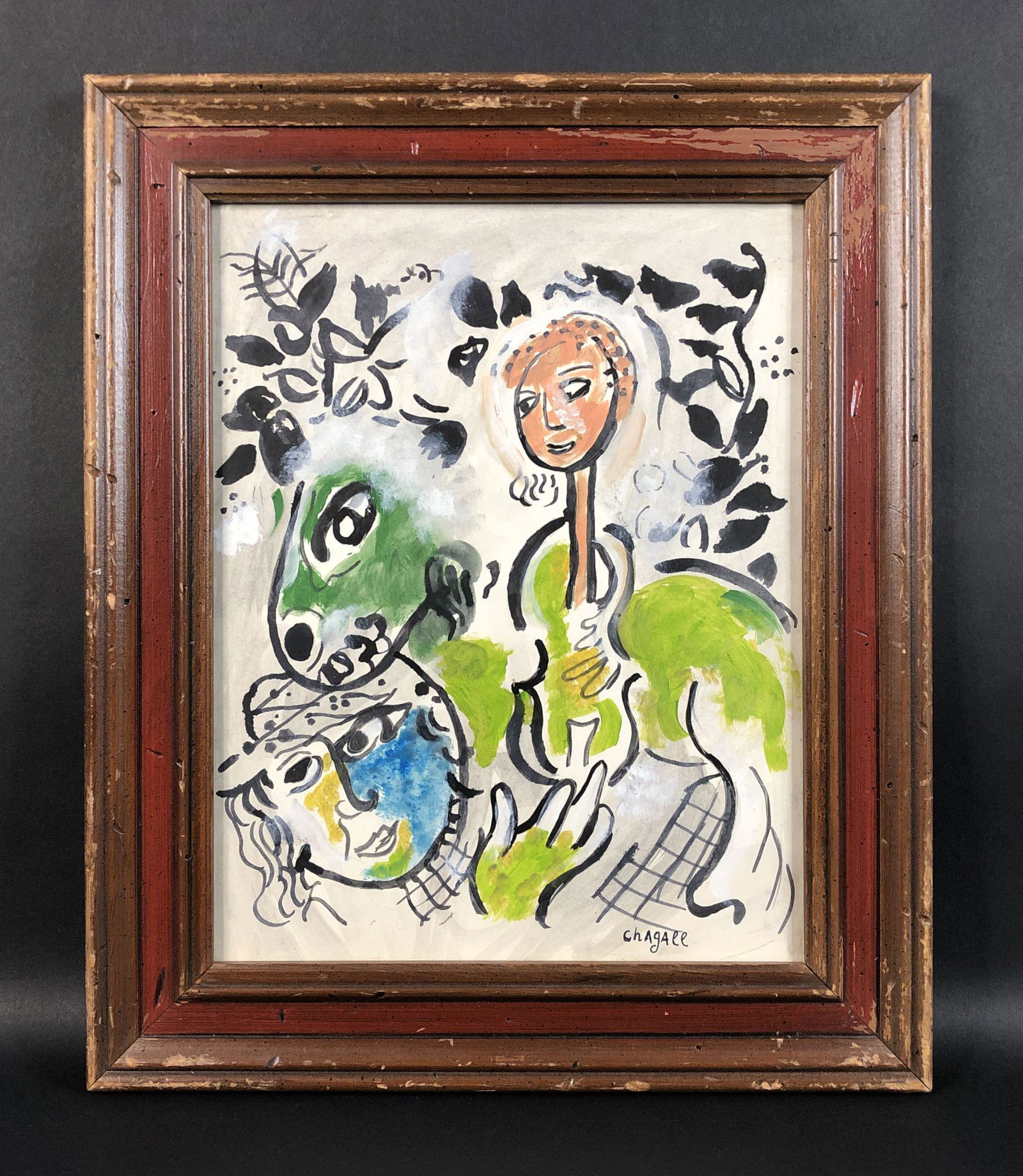 Marc Chagall (French, 1887-1985) - Watercolor on Paper: This lot consists of a framed watercolor illustration on paper, done in the modern art style of painter Marc Chagall (French, 1887-1985). "Marc Chagall" is hand written at bottom right corner. In this