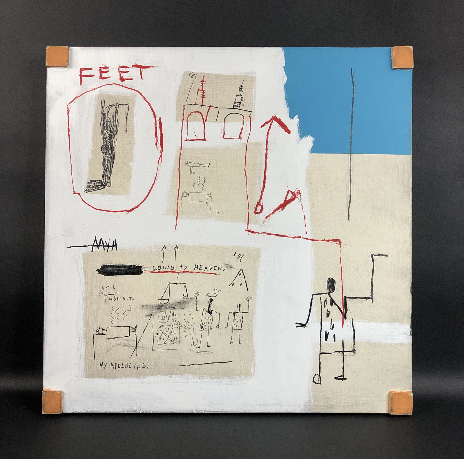 Jean Michel Basquiat (American, 1960-1988) - Acrylic on: This lot consists of an unframed acrylic painting on wood, done in the pop art style of street artist Jean-Michel Basquiat (American, 1960-1988). This bright piece features stark blocks of blue, beige