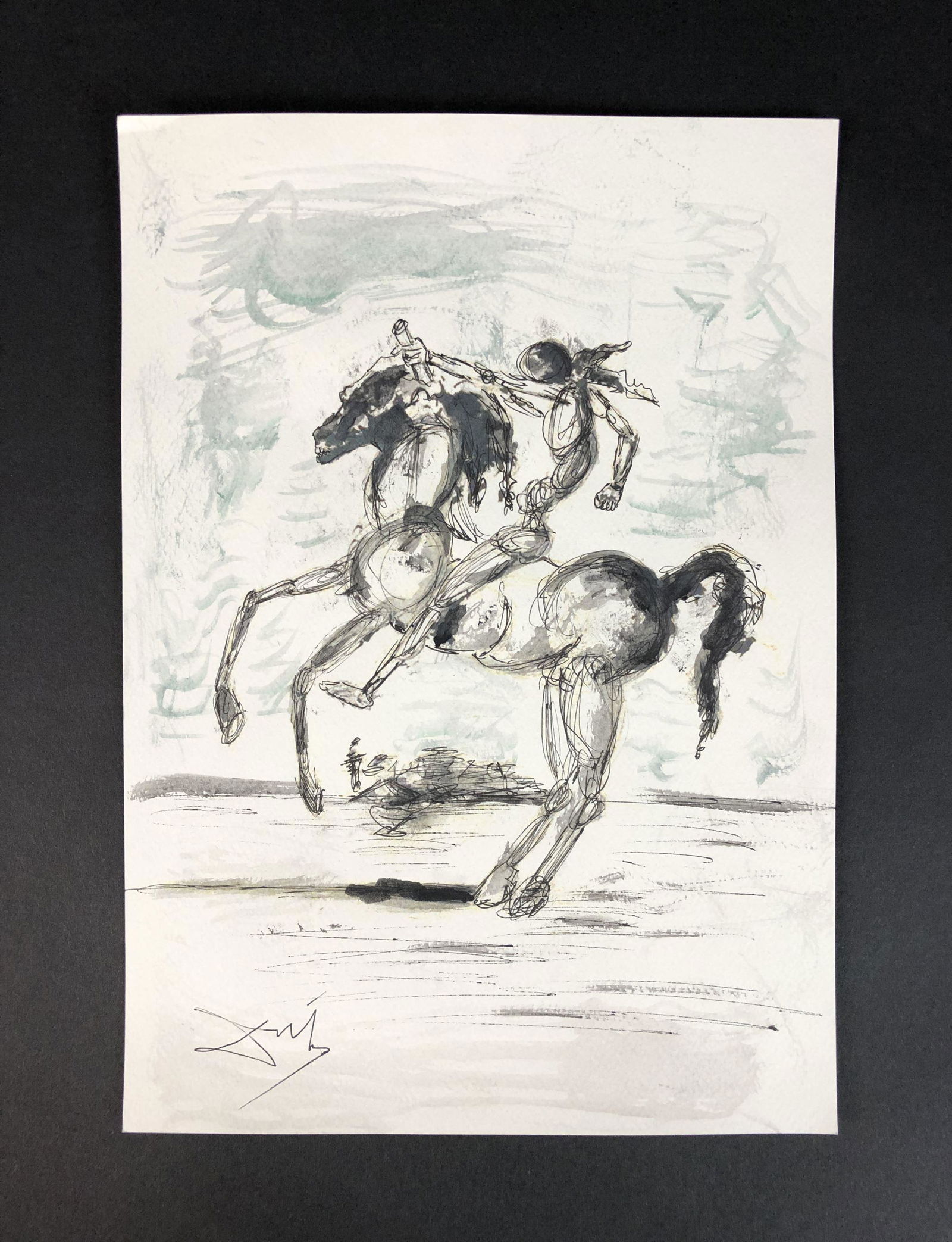 Salvador Dali (Spanish, 1904-1989) - Mixed Media: This lot consists of an ink and watercolor illustration on paper, done in the surrealist style of Salvador Dali (Spanish, 1904-1989). This stark image depicts a fantastical horse rearing up onto its h