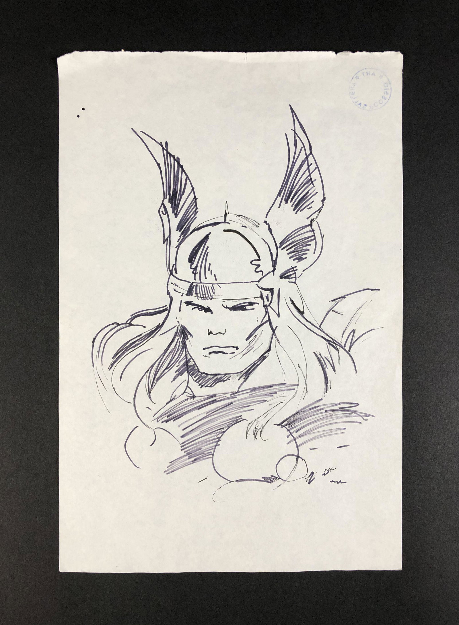 Walter "Walt" Simonson (American, 1946 - ) -- Ink: This lot consists of an unframed ink illustration on paper, done in the modern cartoon style of Walter "Walt" Simonson (American, 1946 - ). Hand written inscription below image reads "Simonson". Image