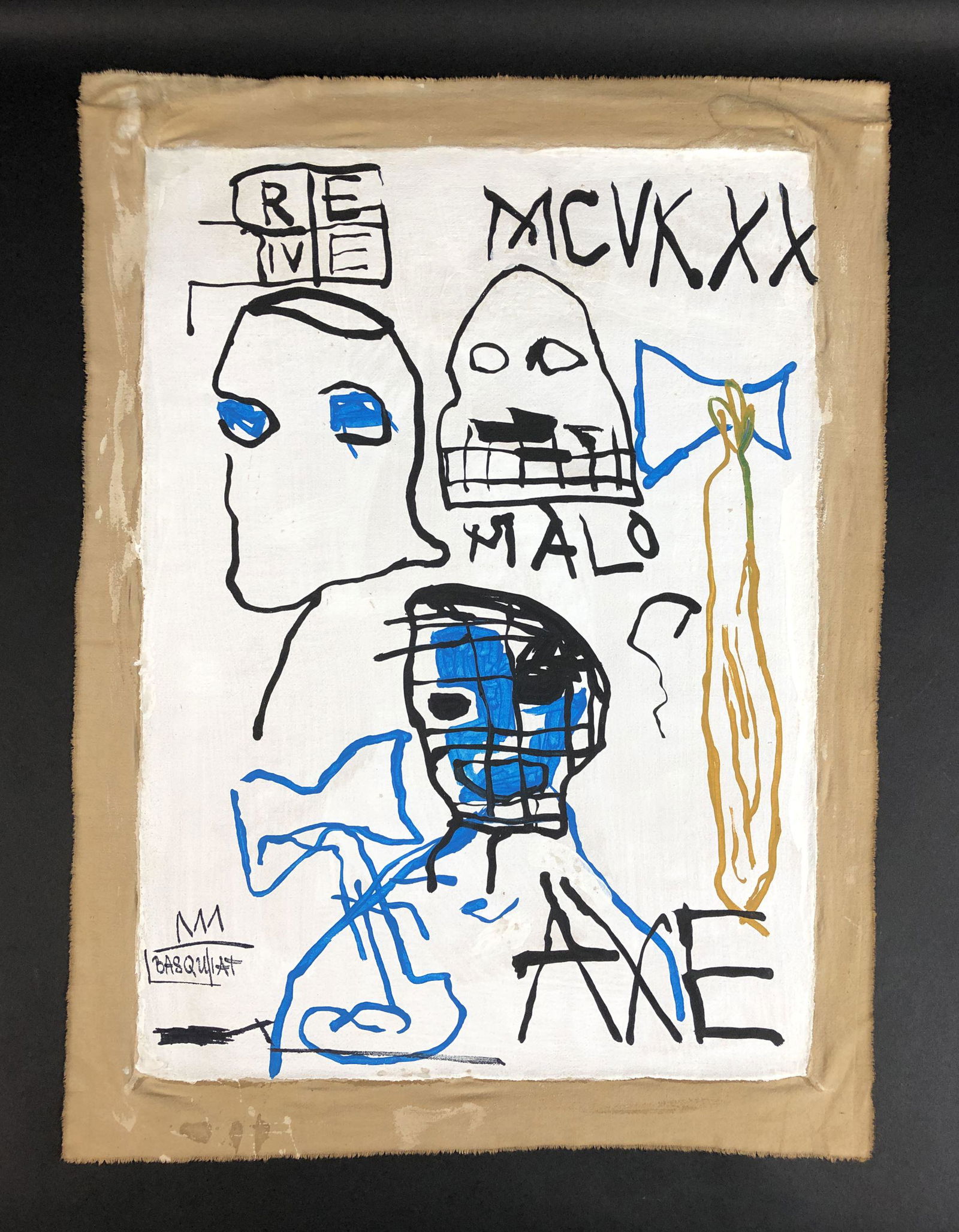 Jean-Michel Basquiat (American, 1960-1988) - Acrylic on: This lot consists of an unframed acrylic painting on unstretched canvas, done in the graffiti art style of the modern street artist, Jean-Michel Basquiat (American, 1960-1988). A hand-painted inscript