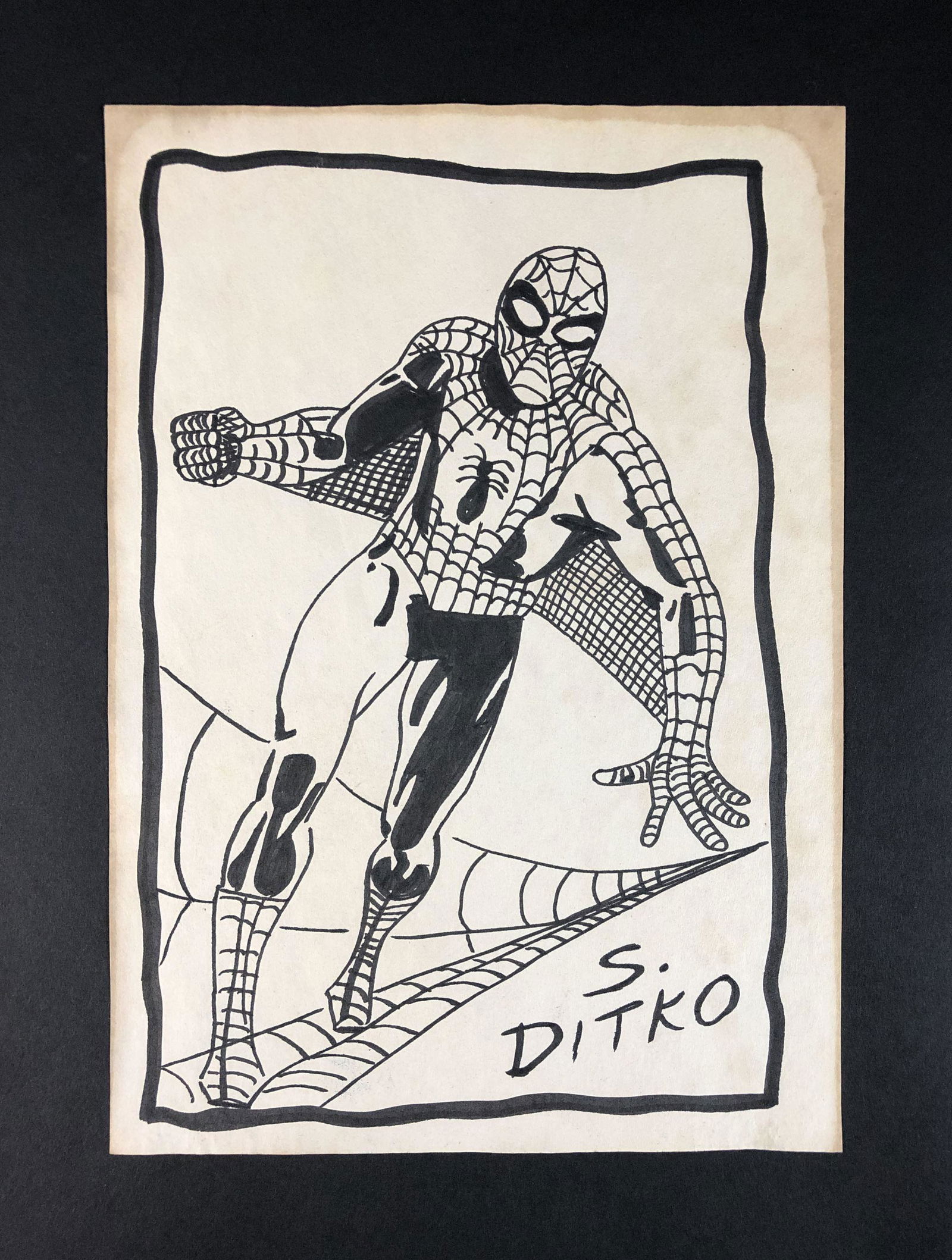Steve Ditko (American, 1927-2018) - Ink on Paper: This lot consists of an ink illustration on paper, done in the cartooning style of Steve Ditko (American, 1927-2018). A handwritten inscription at lower right reads, "S. Ditko". Image depicts Spiderma