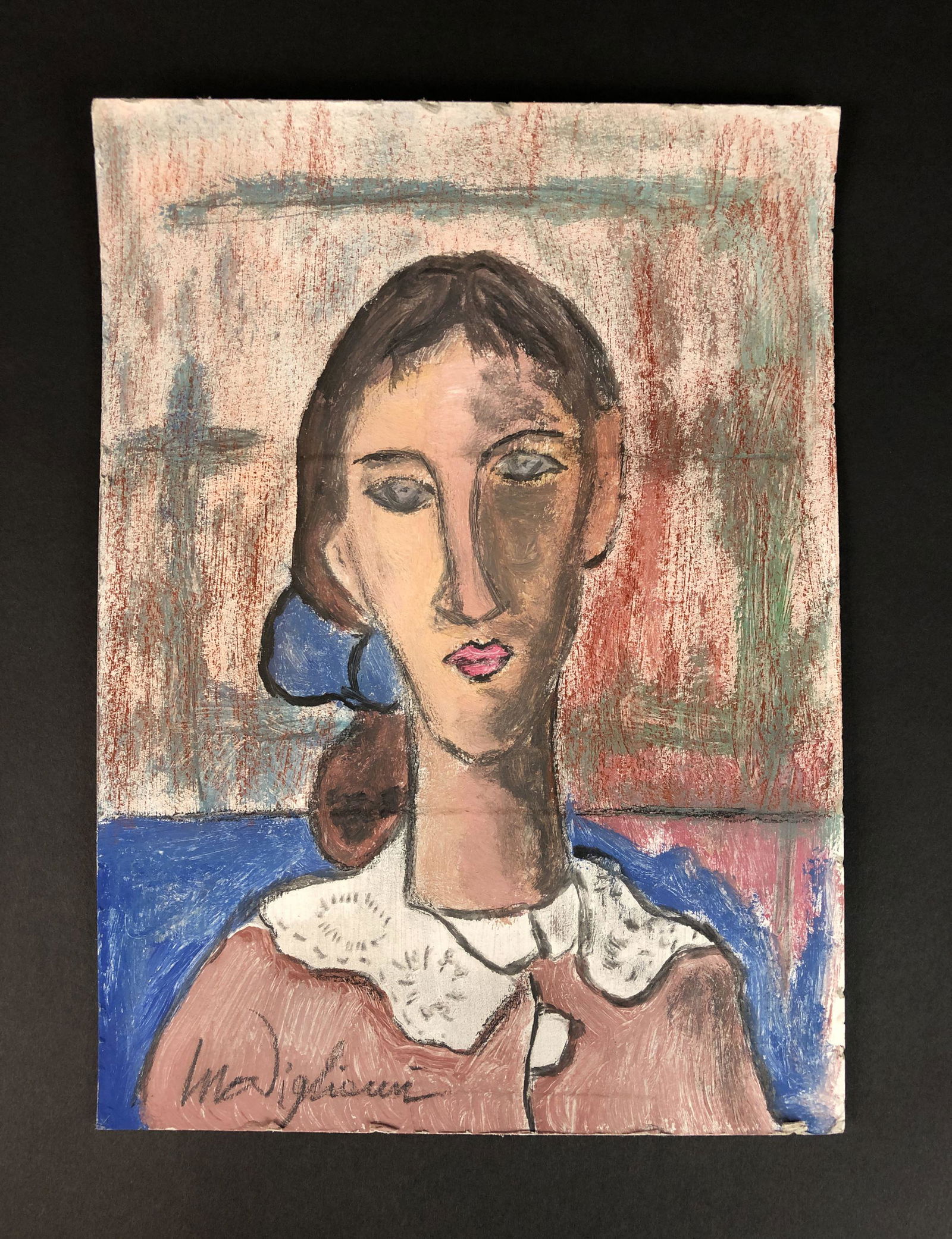Amedeo Modigliani (Italian, 1884-1920) - Gouache on: This lot consists of an unframed gouache on cardboard, rendered in the modern style of artist Amedeo Modigliani (Italian, 1884-1920). "Modigliani" is hand-written at bottom left. Image depicts a young