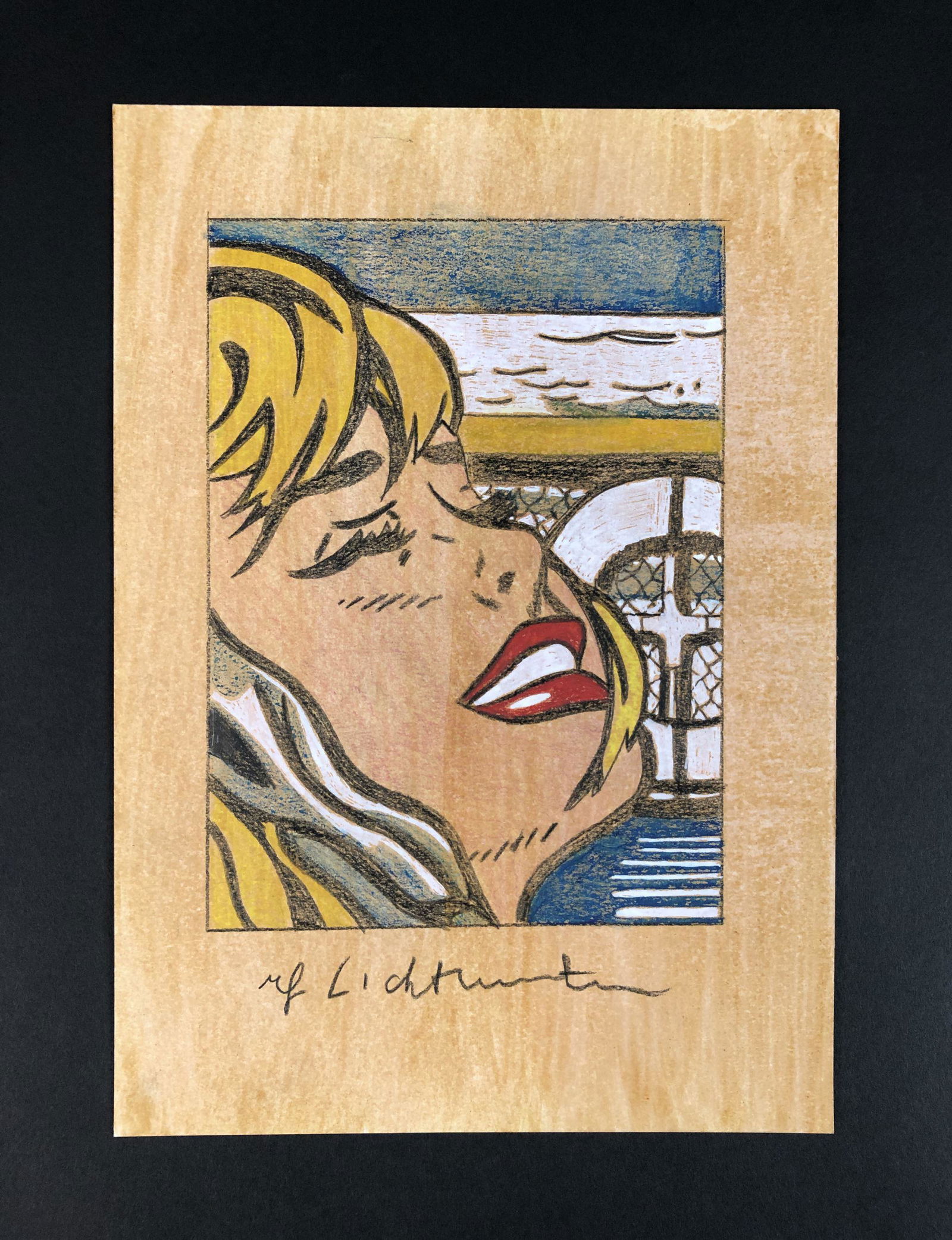 Roy Lichtenstein (American, 1923-1997) - Mixed Media on: This lot consists of a mixed media illustration on paper (colored pencil & gouache), executed in the pop art style of modern artist Roy Lichtenstein (American, 1923-1997). "Roy Lichtenstein" is hand w