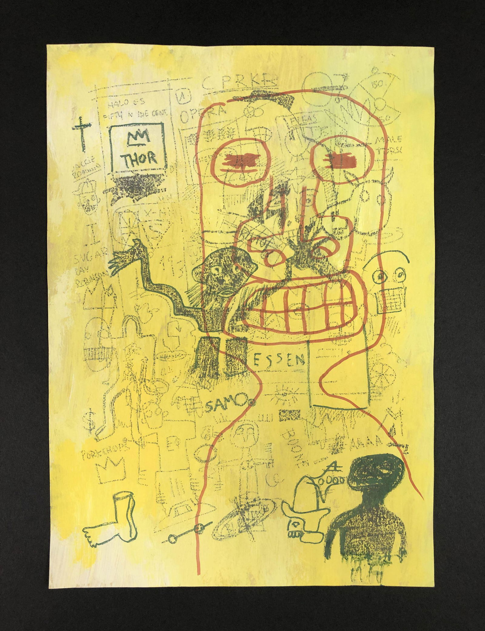 Jean Michel Basquiat (American, 1960-1988) - Mixed: This lot consists of an unframed mixed media illustration on paper, done in the pop art style of street artist Jean-Michel Basquiat (American, 1960-1988). Image depicts a skeletal figure with a blank