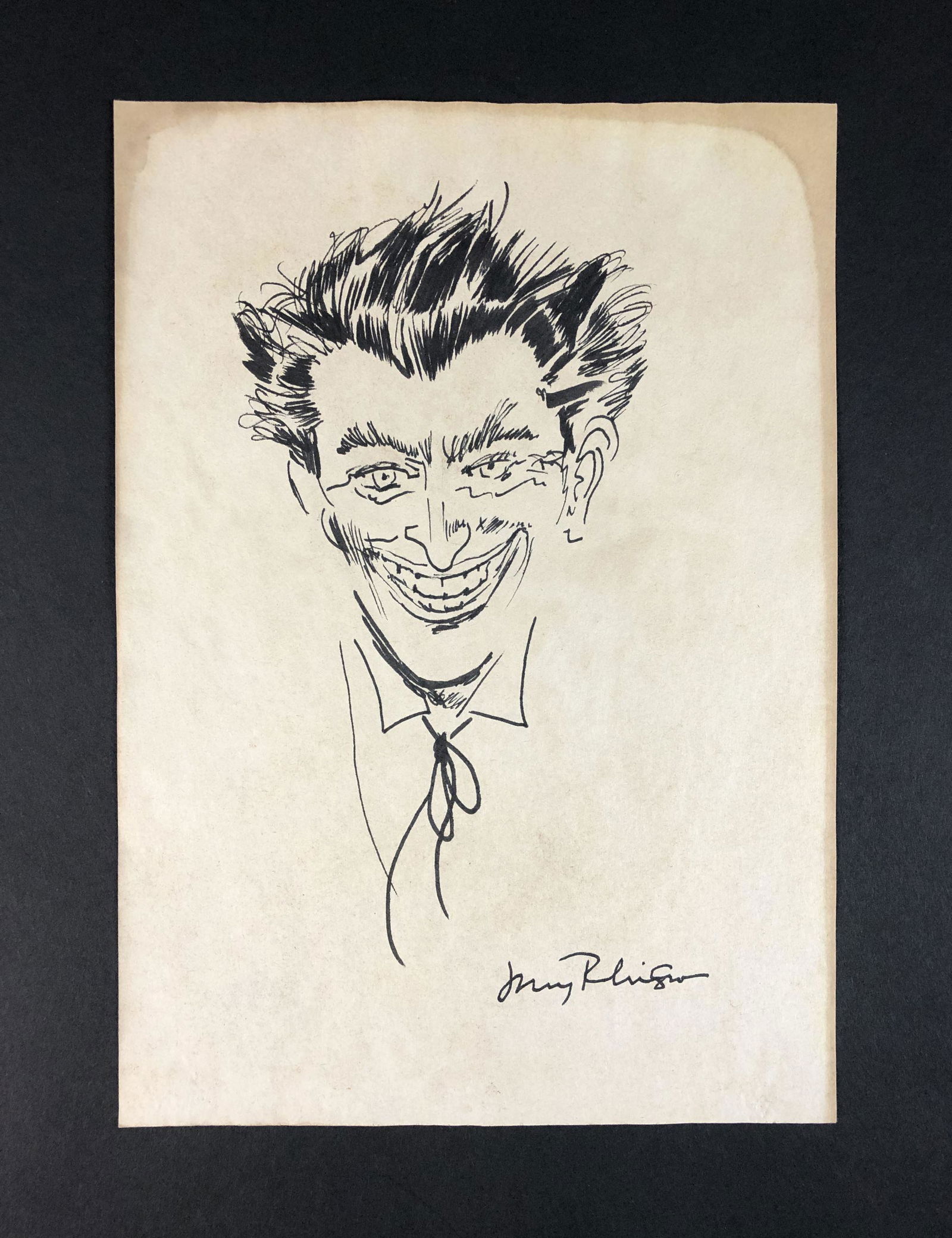 Jerry Robinson (American, 1922-2011) - Ink Illustration: This lot consists of an unfarmed ink illustration on paper, done in the cartooning style of Jerry Robinson (American, 1922-2011). Image depicts the legendary DC comics supervillain, the Joker, who Rob