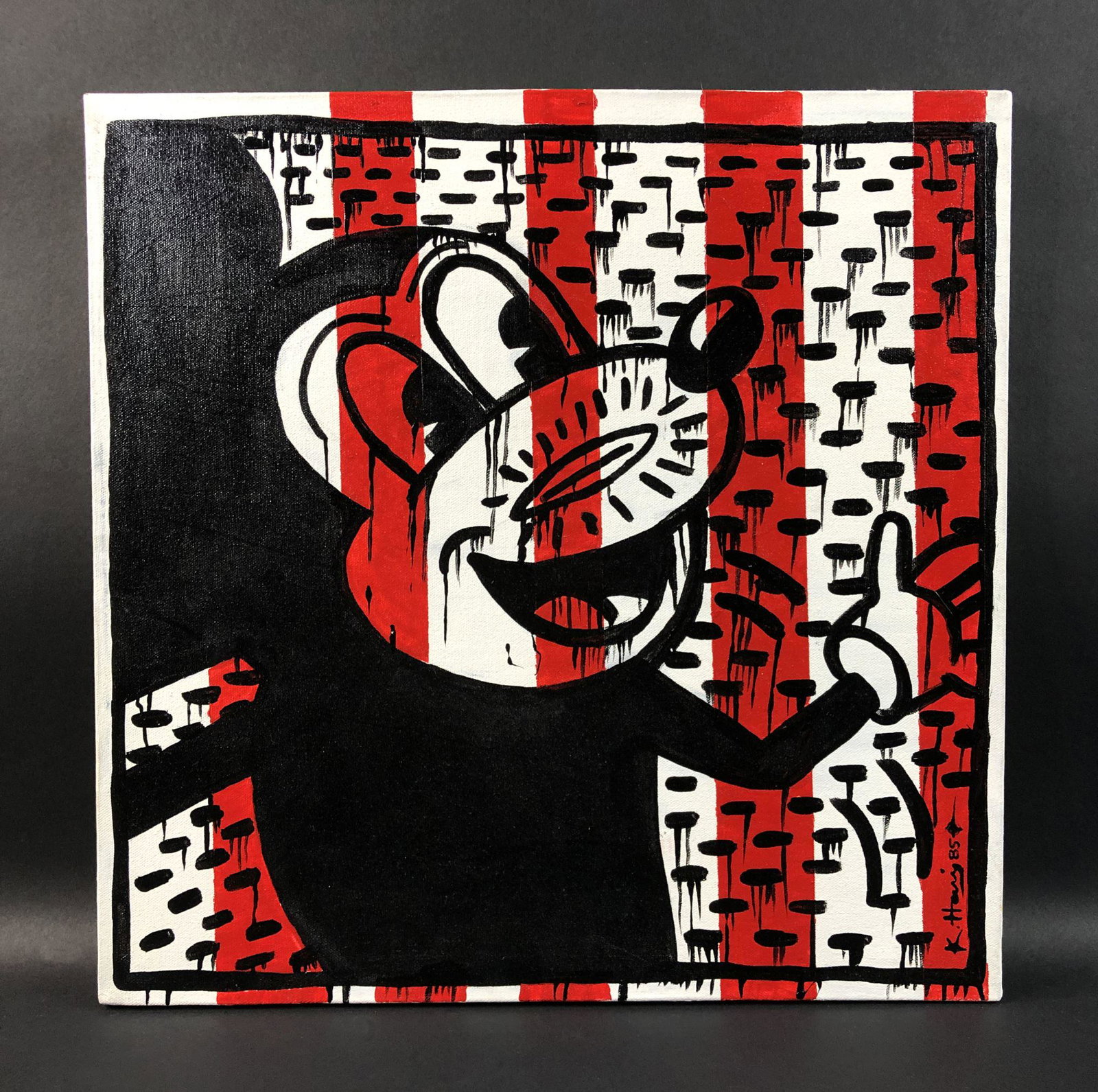 Keith Haring (American, 1958-1990) - Acrylic on Canvas: This lot consists of an unframed acrylic painting on canvas. This simple yet powerful depiction is executed in the contemporary, street art style of pop artist Keith Haring (American, 1958-1990). Imag