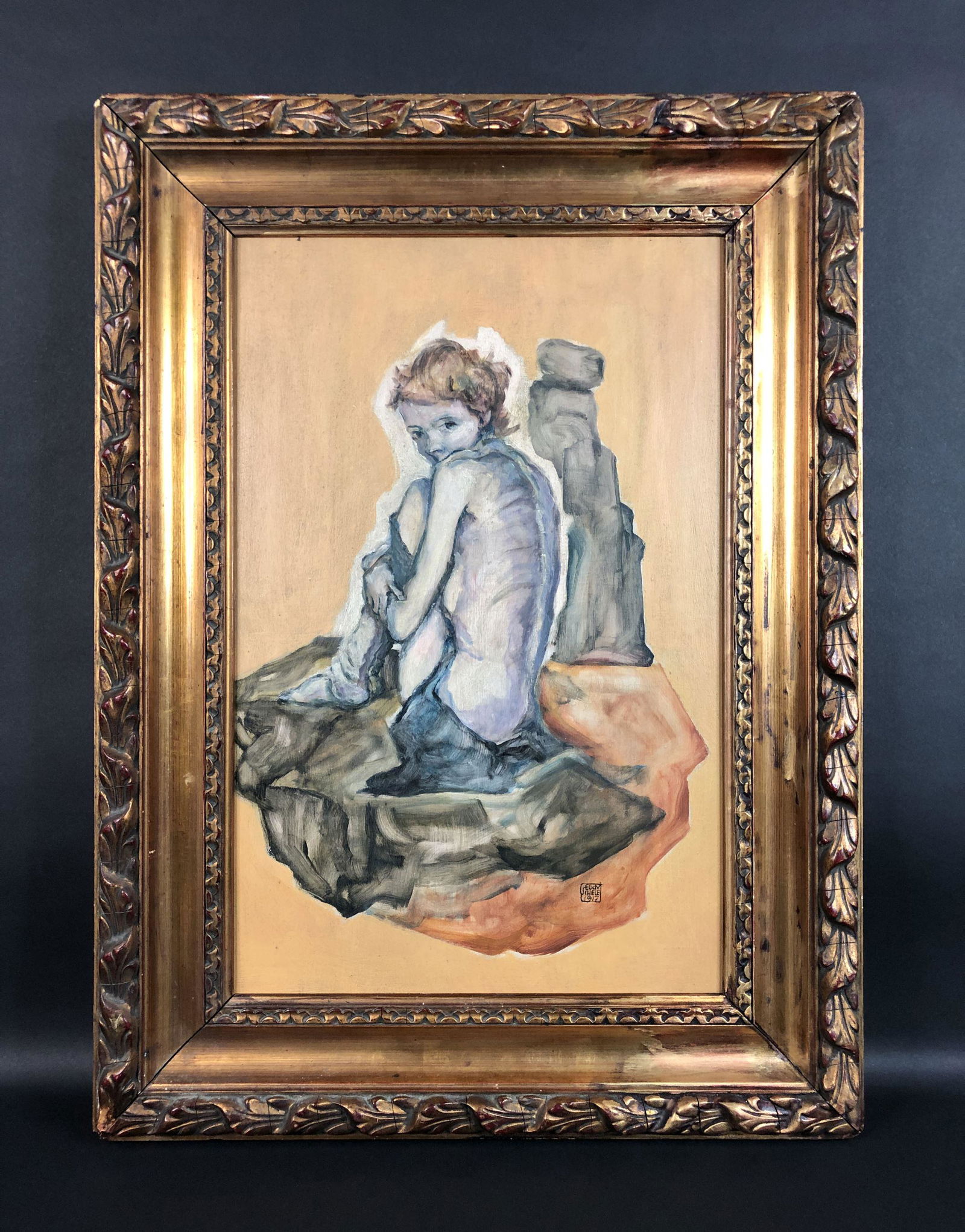Egon Schiele (Austrian, 1890-1918) - Acrylic on Board: This lot consists of an acrylic painting on board, done in the sensual, Art Nouveau style of Egon Schiele (Austrian, 1890-1918). There's a hand inscription at lower right. Image depicts a nude female