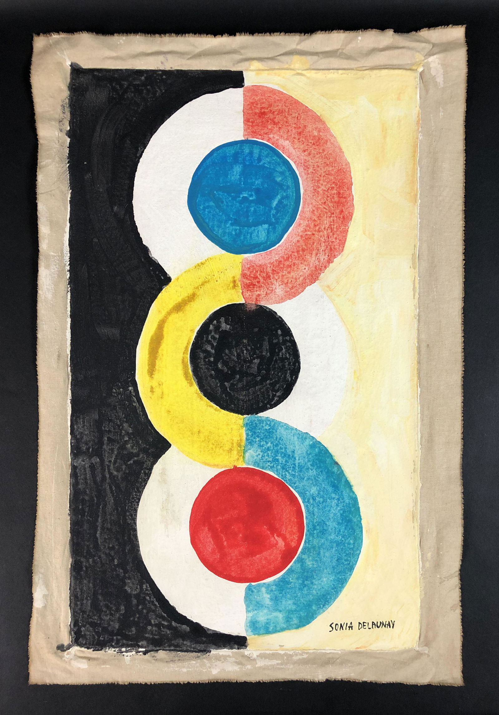 Sonia Delaunay (Russian-French, 1885-1979) - Watercolor: This lot consists of an unframed watercolor on loose canvas, done in the vivid Orphism style of Sonia Delaunay (Russian-French, 1885-1979). There's a hand written inscription at lower right. A rich an