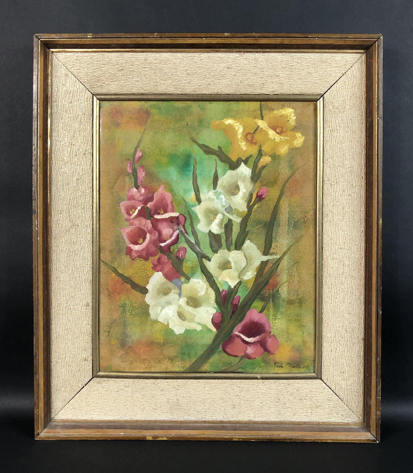 Frida Kahlo (Mexican, 1907-1954) - Oil on Board: This lot consists of a framed oil painting on board, done in the modern style of Frida Kahlo (Mexican, 1907-1954). There's a hand painted inscription at lower right. This beautifully detailed image po