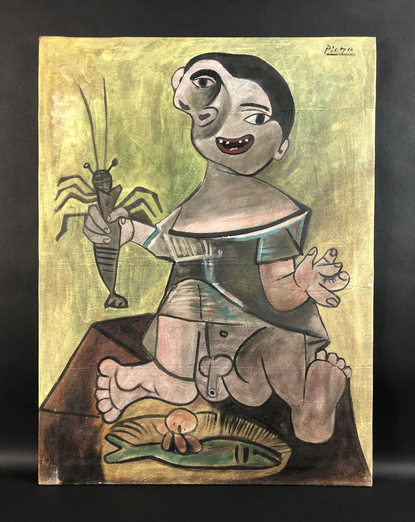Pablo Picasso (Spanish, 1881-1973) - Oil on Canvas: This lot consists of an unframed oil painting on stretched canvas, rendered in the abstract style of modern artist Pablo Picasso (Spanish, 1881-1973). There's a hand-painted inscription at top right. 
