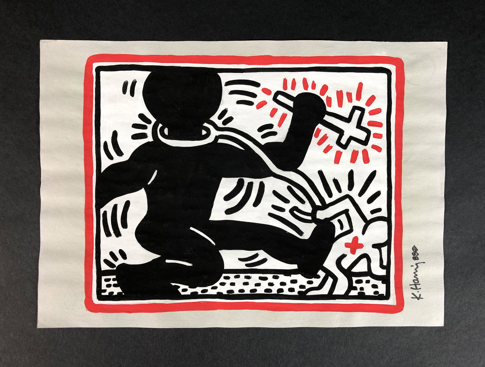 Keith Haring (American, 1958-1990) - Gouache on Paper: This lot consists of an unframed gouache illustration on paper. This simple yet powerful depiction is executed in the contemporary, street art style of pop artist Keith Haring (American, 1958-1990). I