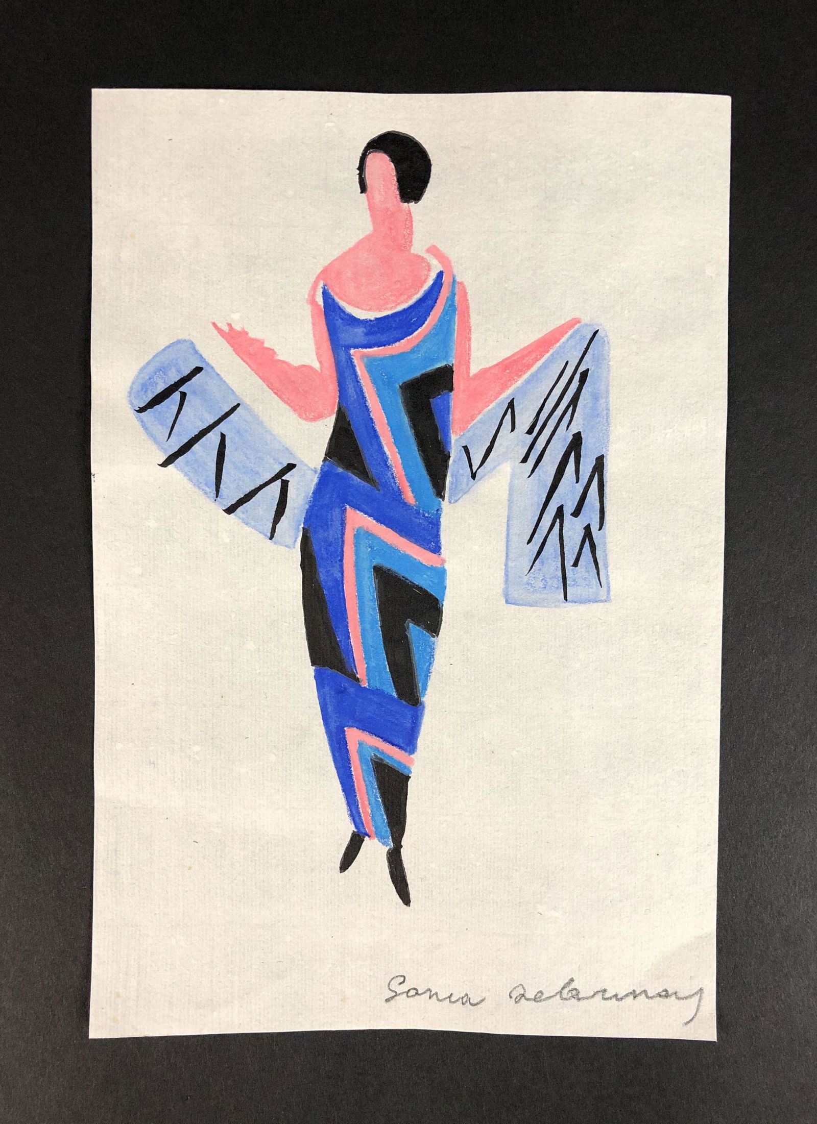 Sonia Delaunay (Russian-French, 1885-1979) - Mixed: This lot consists of an unframed pastel and watercolor illustration on paper, done in the vivid Orphism style of Sonia Delaunay (Russian-French, 1885-1979). There's a hand written inscription in graph