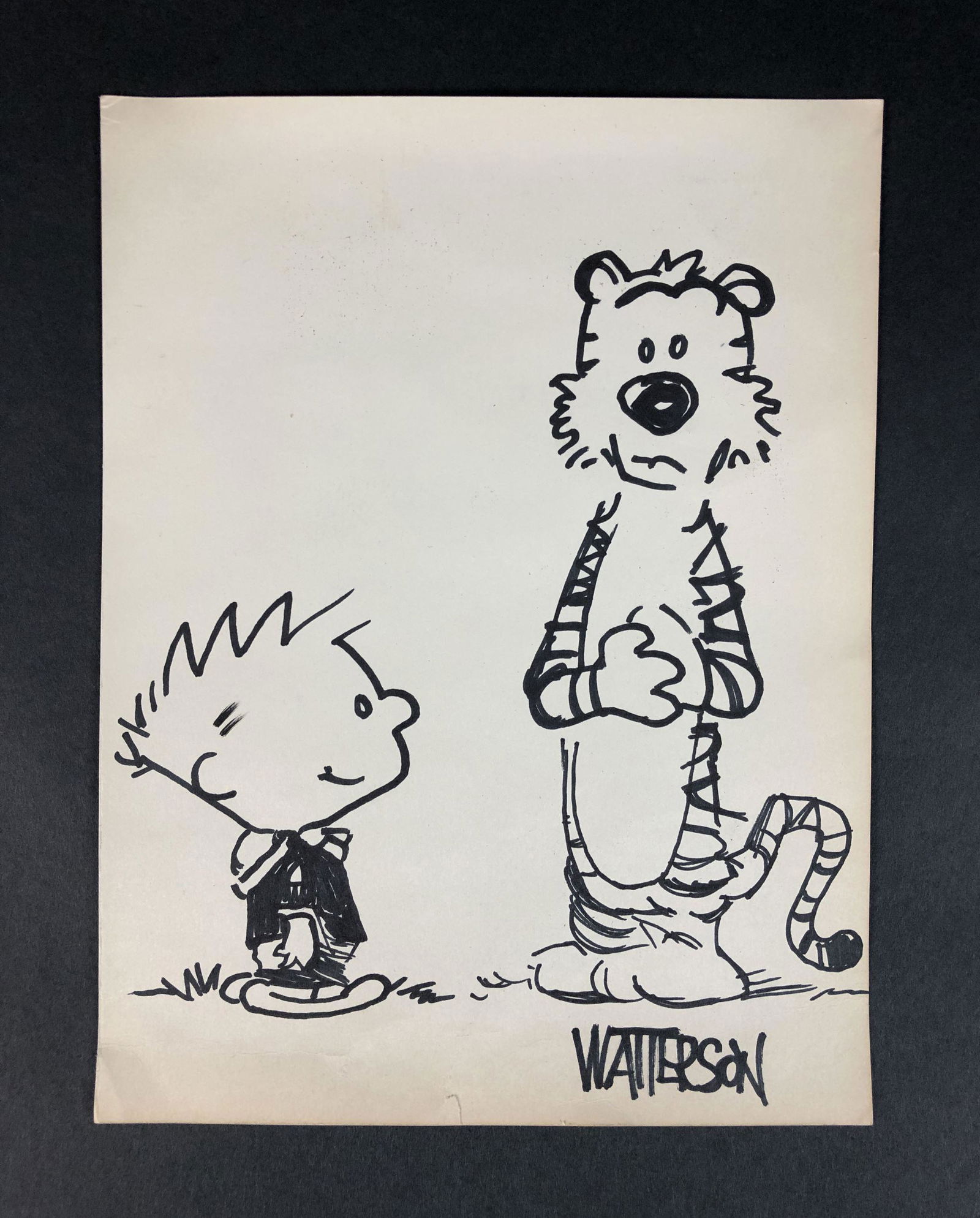 Bill Watterson (American, 1958 - ) - Ink on Paper: This lot consists of an ink illustration on paper, done in the distinctive cartoon style of Bill Watterson (American, 1958 - ). Handwritten ink inscription at bottom right. This charming image depicts