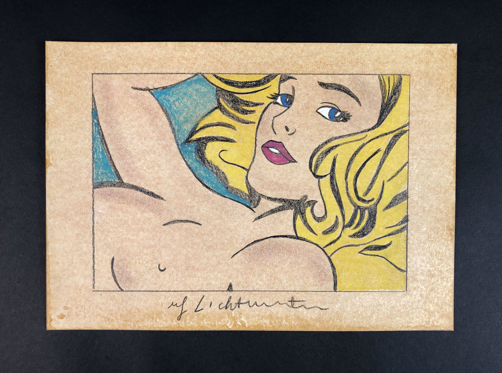 Roy Lichtenstein (American, 1923-1997) - Mixed Media: This lot consists of a mixed media illustration on paper (colored pencil & gouache), executed in the pop art style of modern artist Roy Lichtenstein (American, 1923-1997). There's a hand written inscr