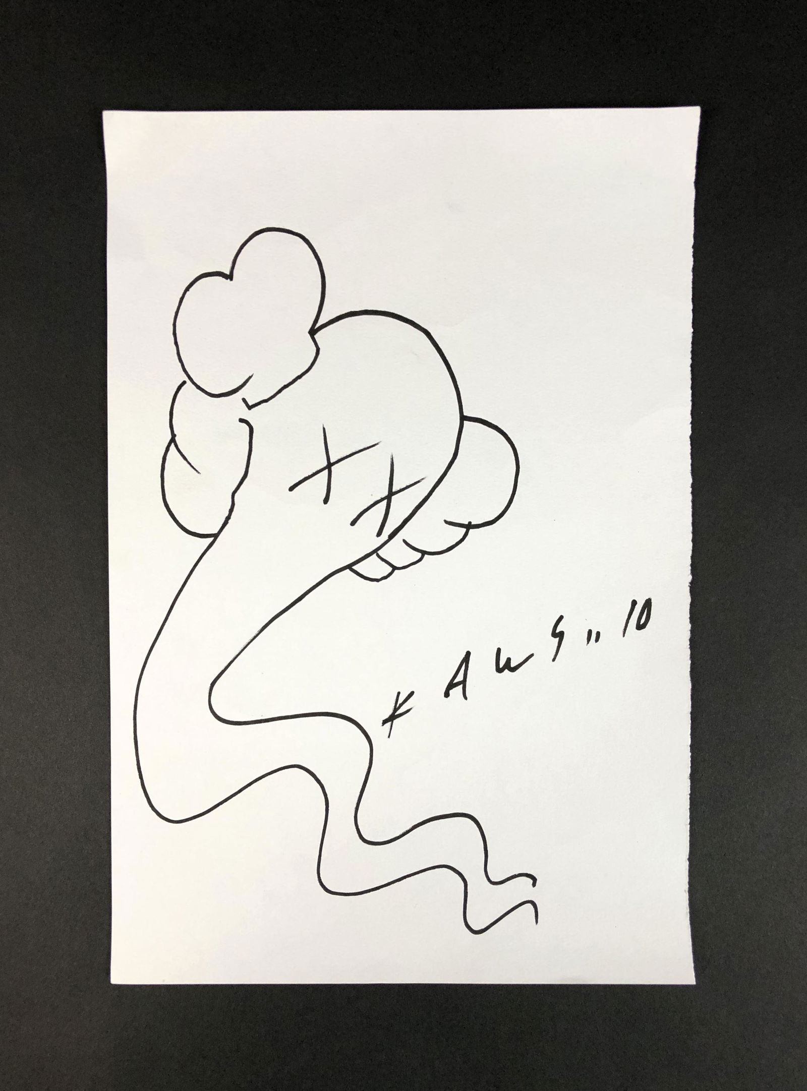 Brian "Kaws" Donnelly (1974 - ) - Ink Drawing: This lot consists of an ink illustration on paper, done in the cartoonish, Pop Art style of Brian "Kaws" Donnelly (American, 1974 - ). Image depicts a cartoon elephant with a long, swooping trunk and