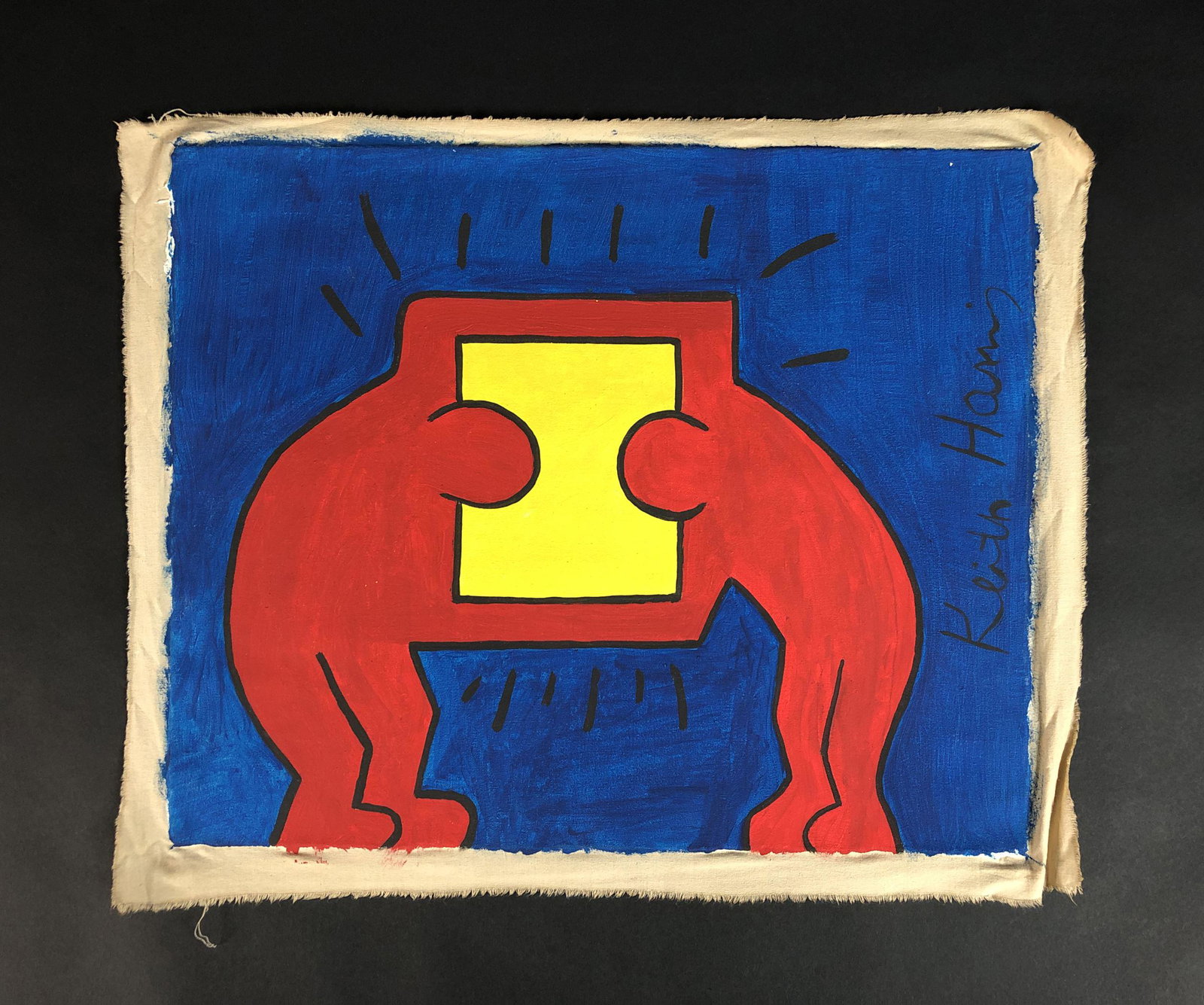 Keith Haring (American,1958 -1990) - Acrylic on Canvas: This lot consists of a unframed acrylic painting on loose canvas. This simple yet powerful depiction is executed in the contemporary, street art style of pop artist Keith Haring (American, 1958-1990).