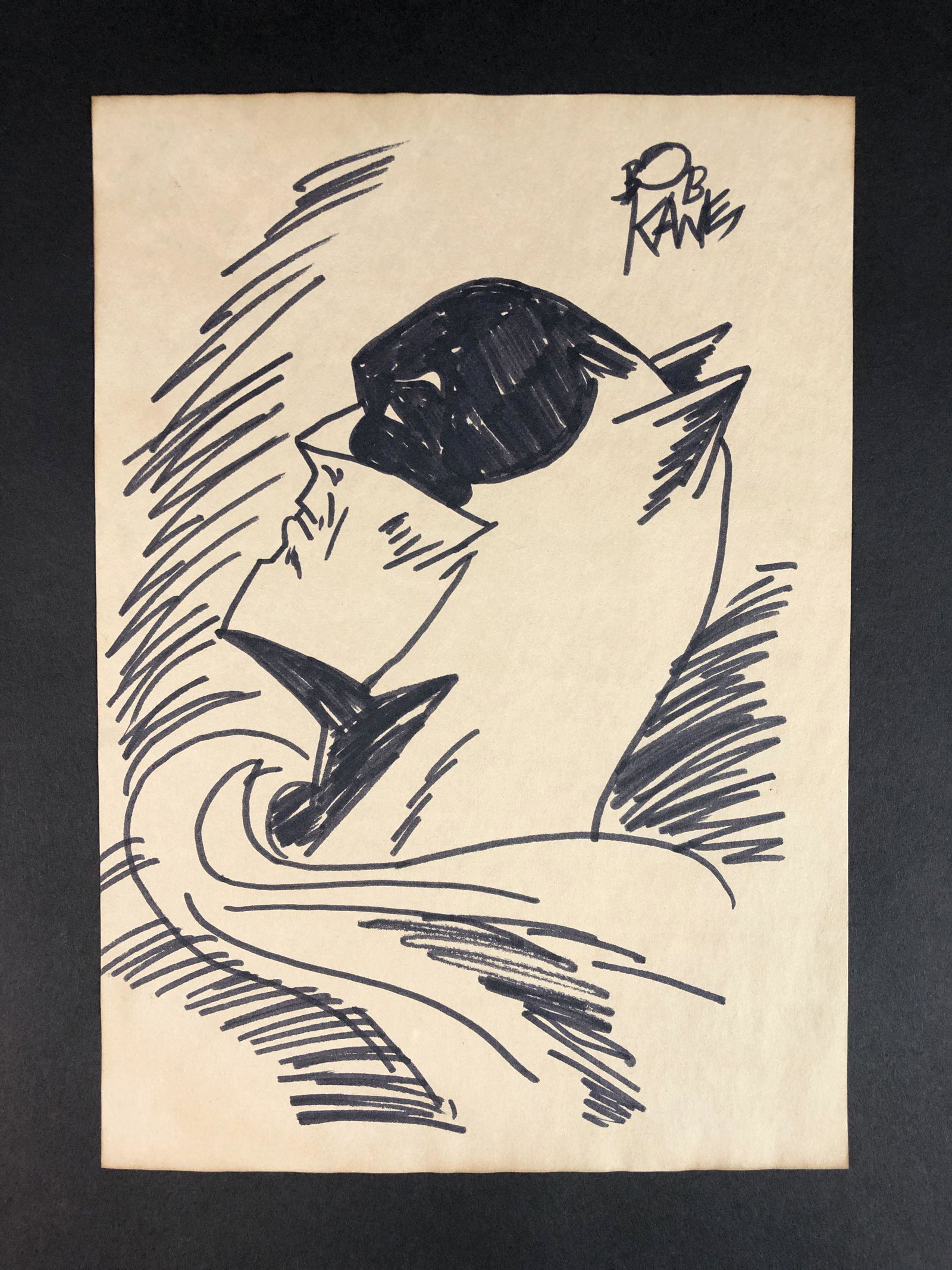 Bob Kane (American, 1915-1998) - Ink on Paper: This lot consists of an ink illustration on paper, done in the distinctive cartoon style of Bob Kane (American, 1915-1998). "BOB KANE" is hand written at top right. Image depicts Batman, an original c