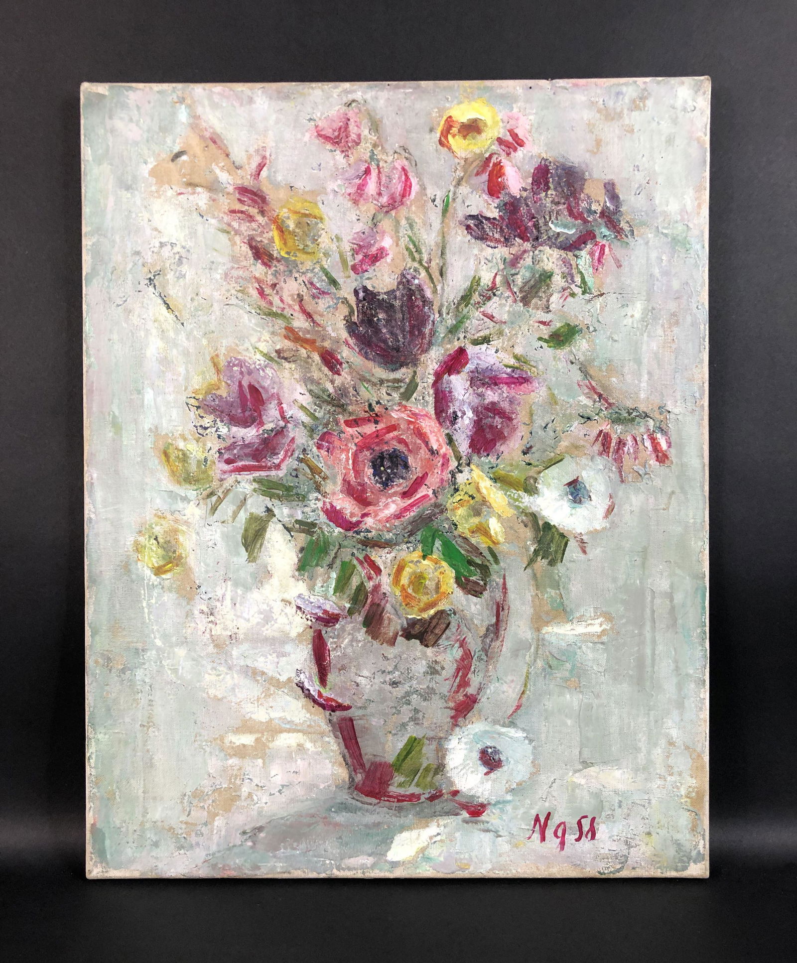 Natalia Goncharova (Russian, 1881-1962) - Oil on Canvas: This lot consists of an unframed oil painting on canvas, done in the avant-garde style of Natalia Goncharova (Russian, 1881-1962). This rich image depicts a still life of a stunning floral arrangement