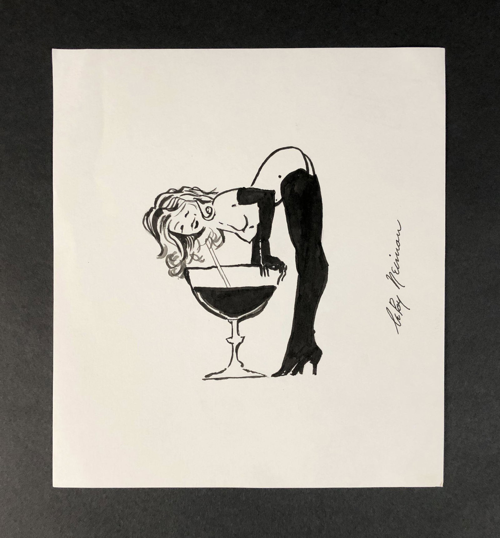 Leroy Neiman (American, 1921-2012) - Ink on Paper: This lot consists of an ink illustration on paper, done in the modern style of pop artist Leroy Neiman (American, 1921-2012). Image depicts a nude female figure wearing only thigh-high boots and long 