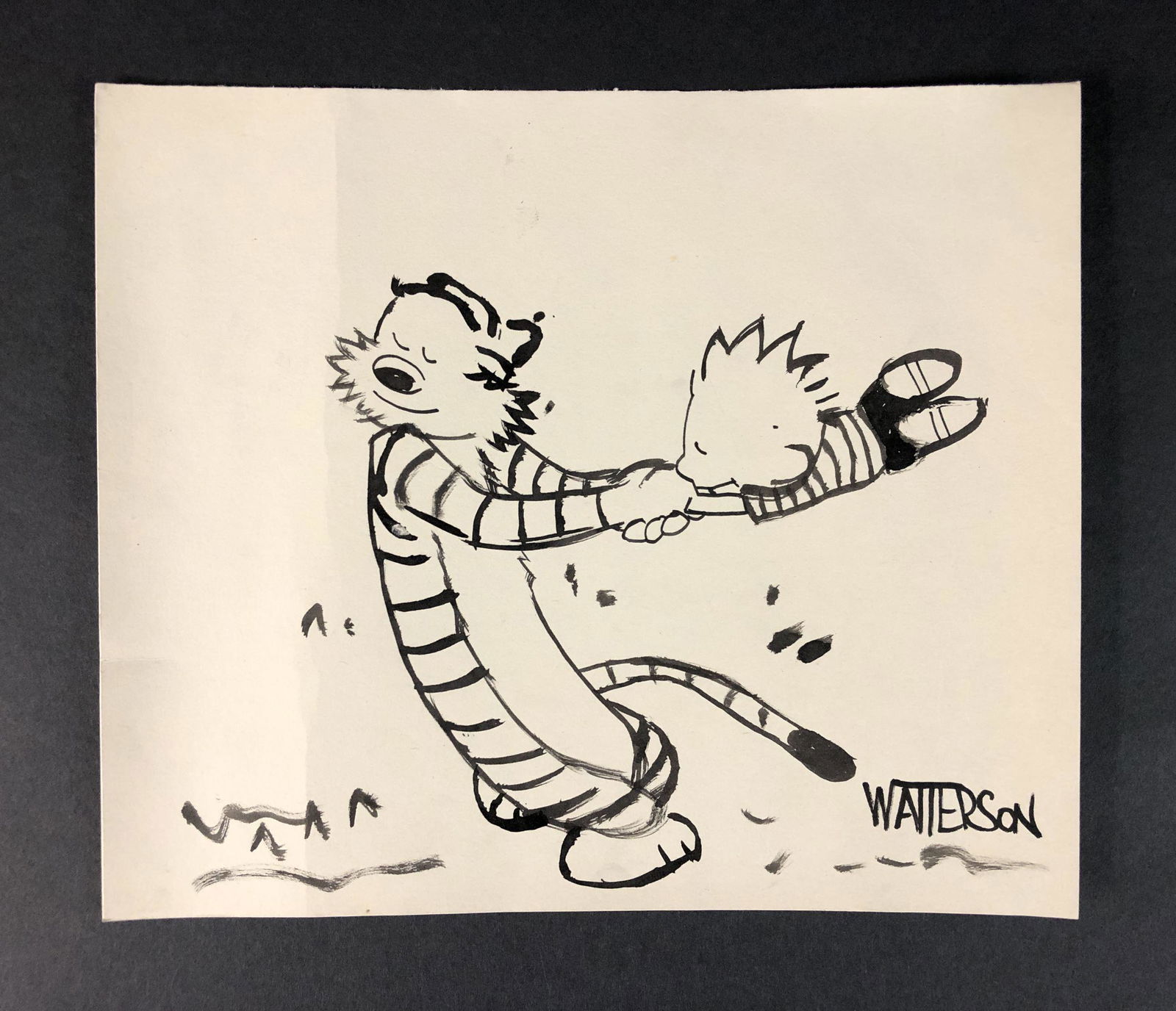 Bill Watterson (American, 1958 - ) - Ink on Paper: This lot consists of an unframed ink illustration on paper, done in the distinctive cartoon style of Bill Watterson (American, 1958 - ). Handwritten ink inscription at bottom right reads, "Watterson".