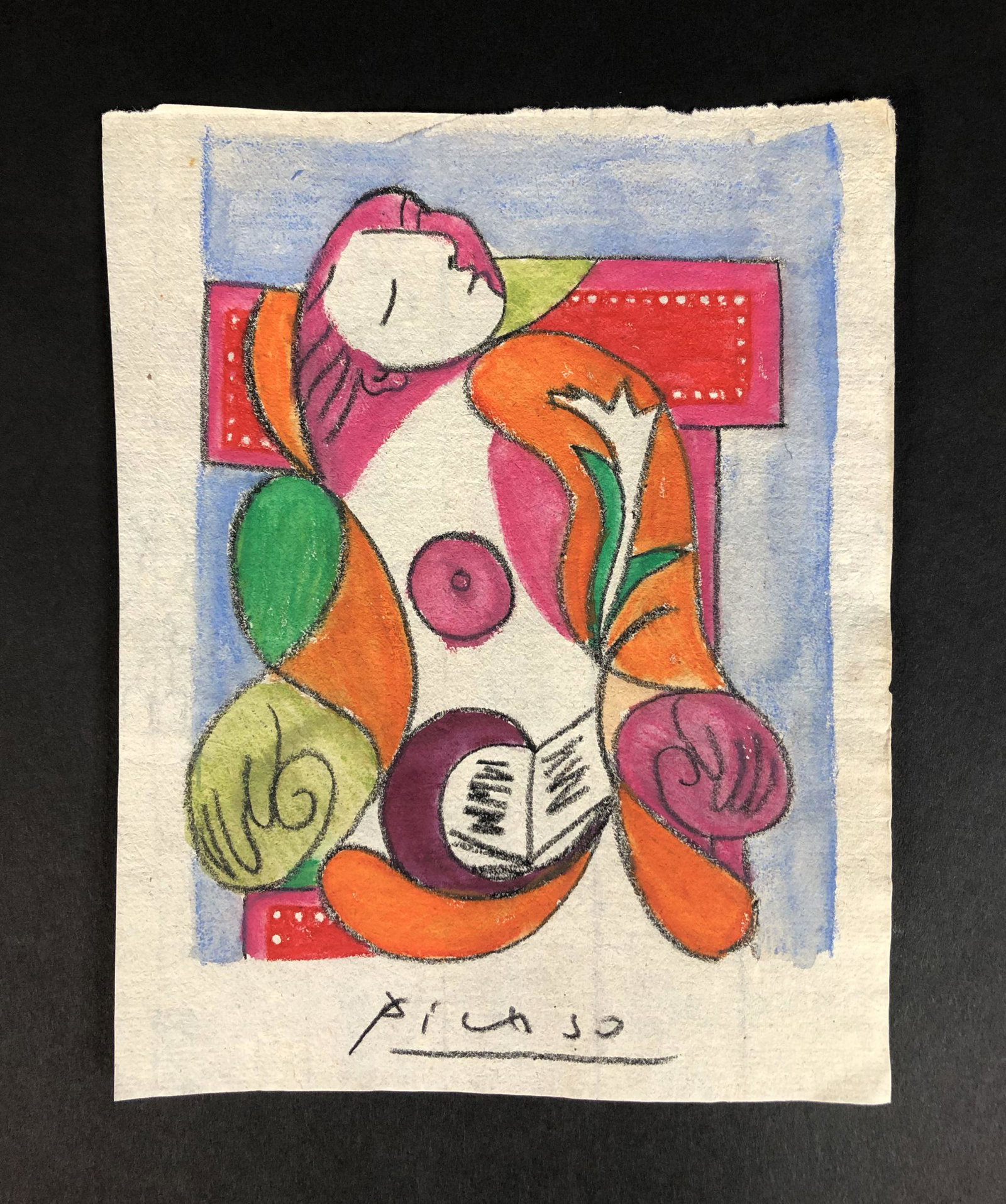 Pablo Picasso (Spanish, 1881-1973) - Mixed Media on: This lot consists of an unframed pastel and watercolor illustration on laid paper, rendered in the Cubist style of modern artist Pablo Picasso (Spanish, 1881-1973). A hand-painted inscription at botto