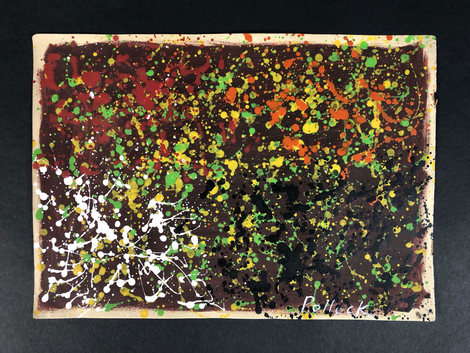 Jackson Pollock (American, 1912-1956) - Acrylic on: This lot consists of a unframed acrylic painting on paper, rendered in the abstract expressionist style of Jackson Pollock (American, 1912-1956). This dynamic image depicts a many-layered collage of o