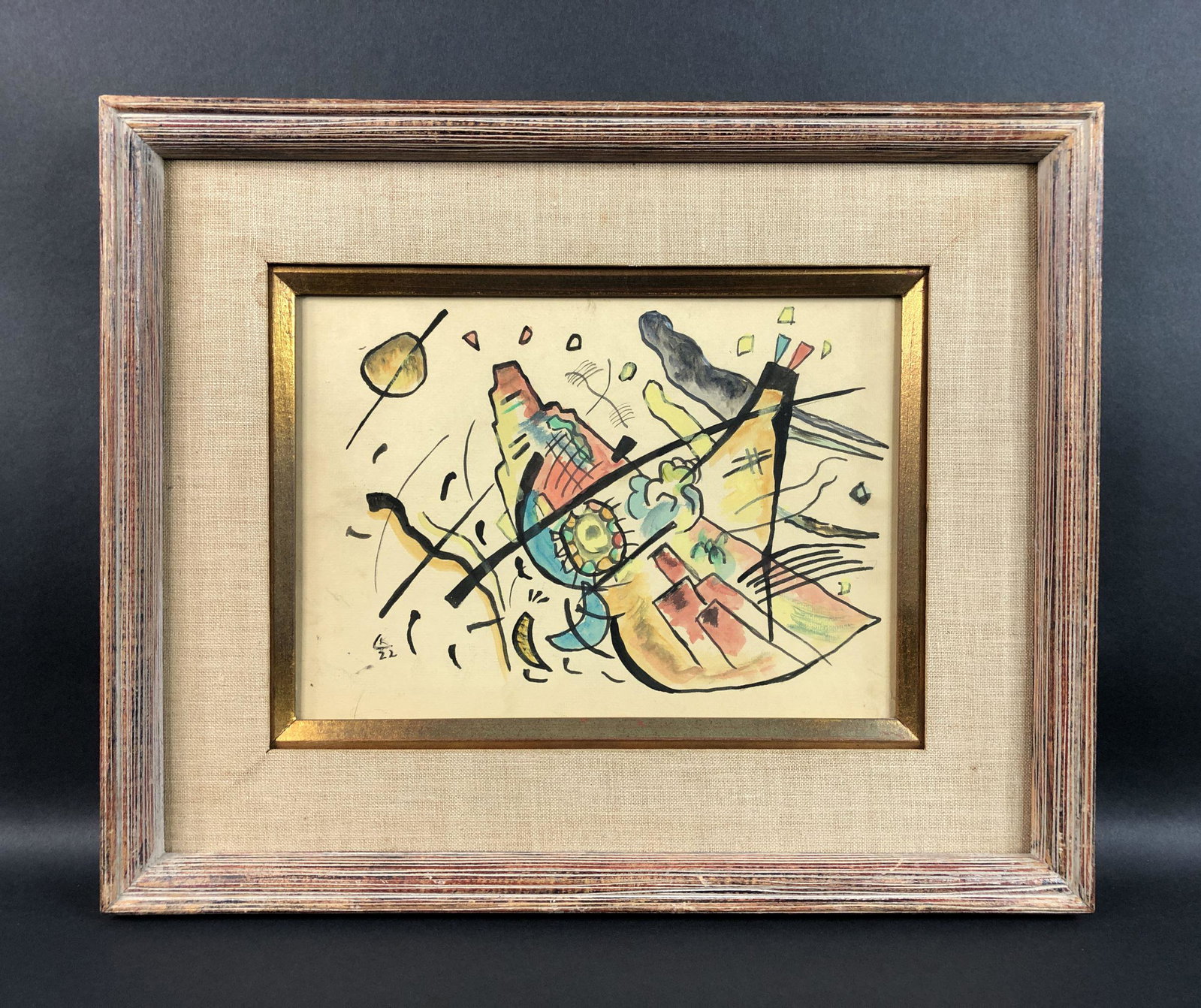 Wassily Kandinsky - Watercolor on Paper (style of): This lot consists of a watercolor illustration on paper, rendered in the abstract expressionist style of modern artist Wassily Kandinsky (Russian, 1866 - 1944) and framed under glass. "K 22" is hand p